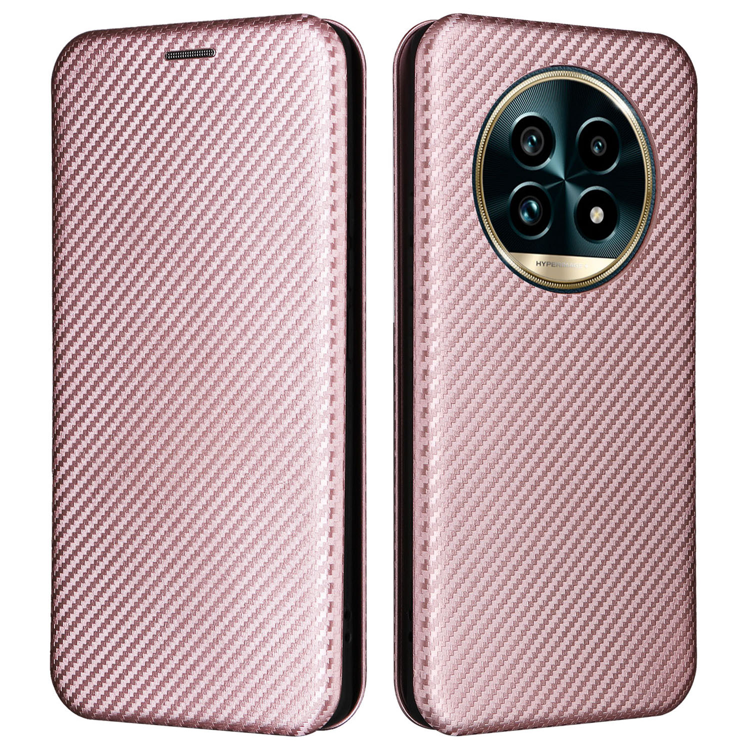 For Realme 13 Pro 5G (Global) / 13 Pro+ 5G (Global) Case Carbon Fiber Texture Drop-Proof PU Leather Phone Cover - Rose Gold