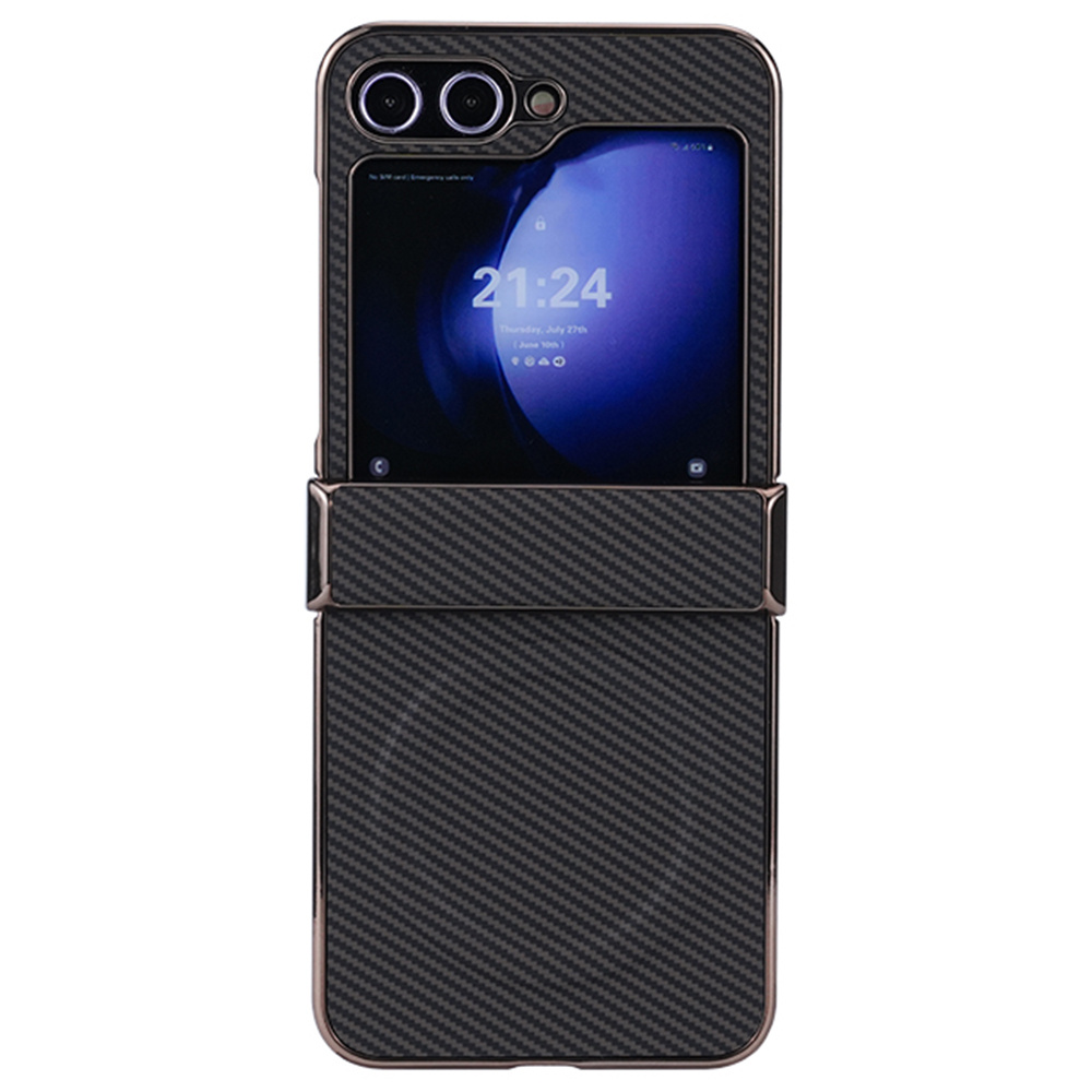 For Samsung Galaxy Z Flip5 5G Magnetic Case Hinge Protection Carbon Fiber Texture Leather+PC Electroplating Phone Cover - Titanium Gold