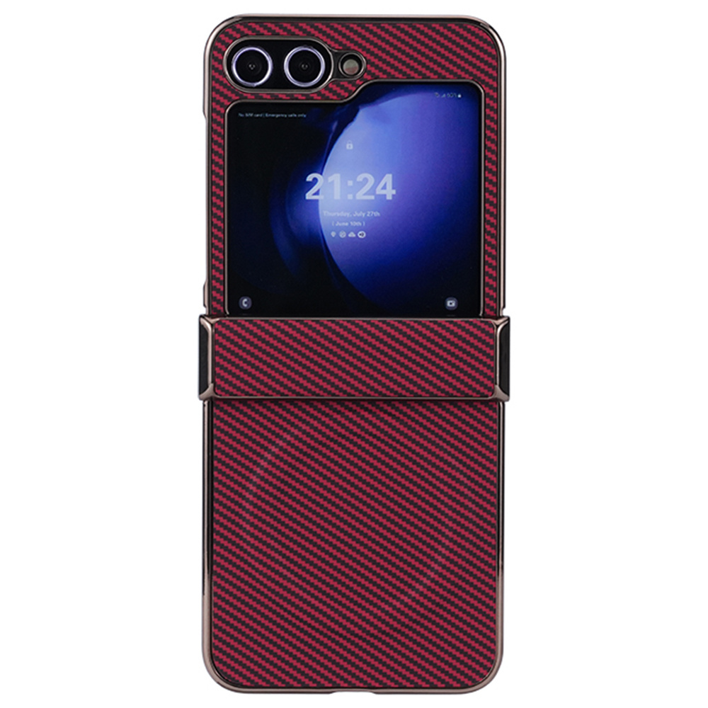 For Samsung Galaxy Z Flip5 5G Magnetic Case Hinge Protection Carbon Fiber Texture Leather+PC Electroplating Phone Cover - Red
