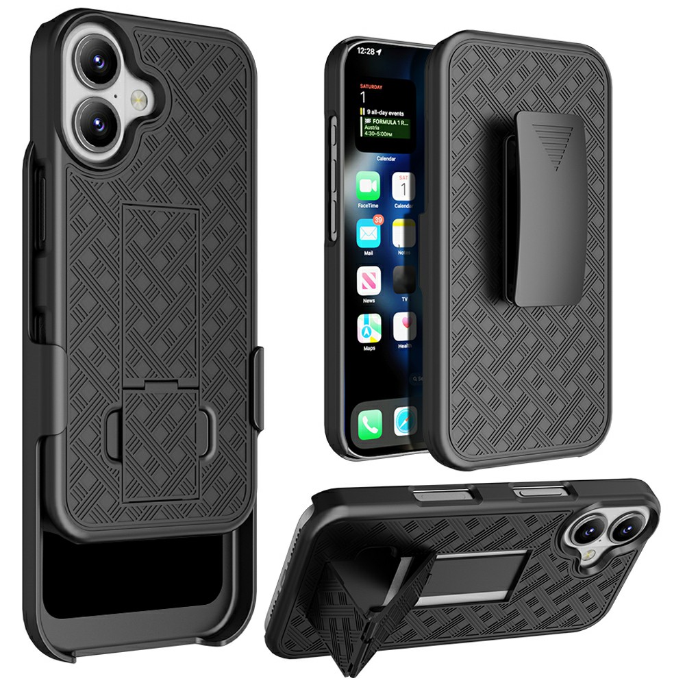 For iPhone 16 Case PC+TPU Sliding Screen Cover Kickstand Phone Shell with Clip