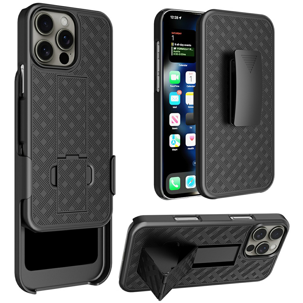 For iPhone 16 Pro Case PC+TPU Sliding Screen Cover Kickstand Phone Shell with Clip