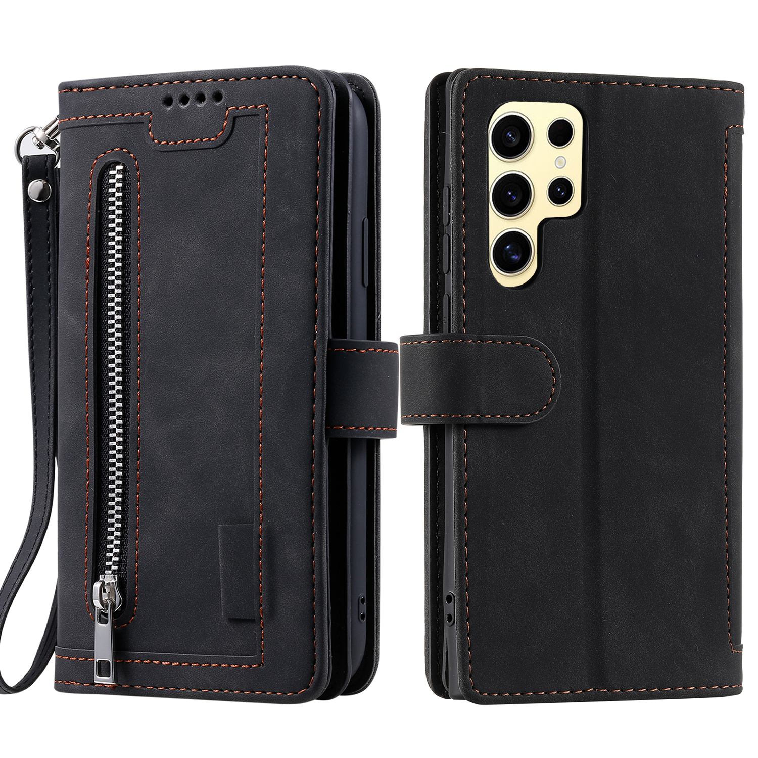 For Samsung Galaxy S25 Ultra Case PU Leather Phone Cover with Zipper Wallet 9 Card Slots - Black