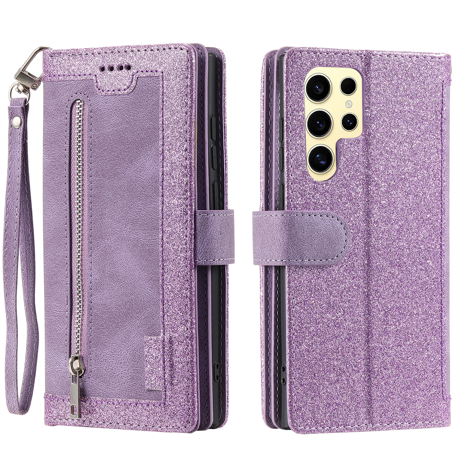 For Samsung Galaxy S25 Ultra Case PU Leather Phone Cover with Zipper Wallet 9 Card Slots - Purple