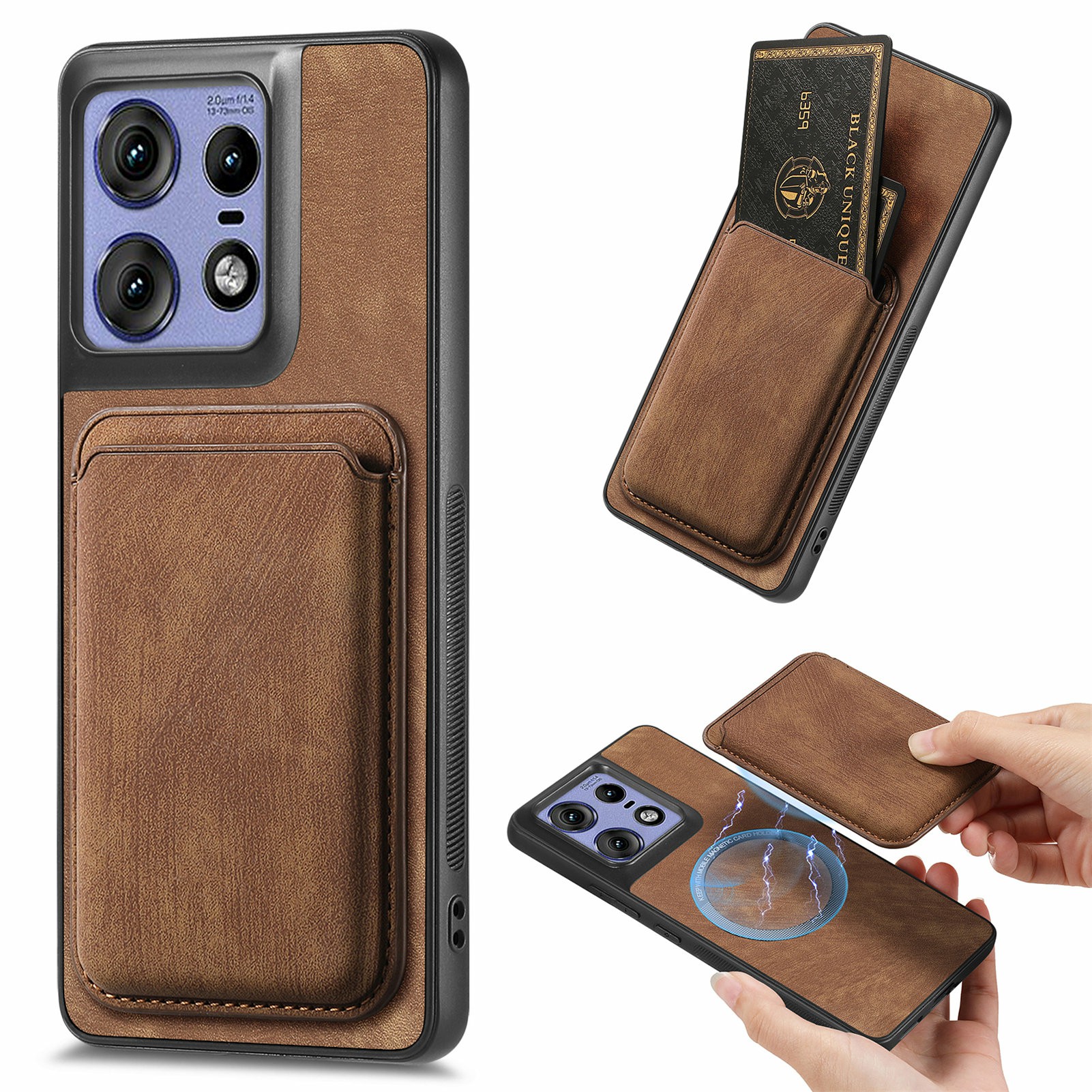 For Motorola Edge 50 Pro 5G Magnetic Case Leather Back Cover with Detachable Card Holder - Brown