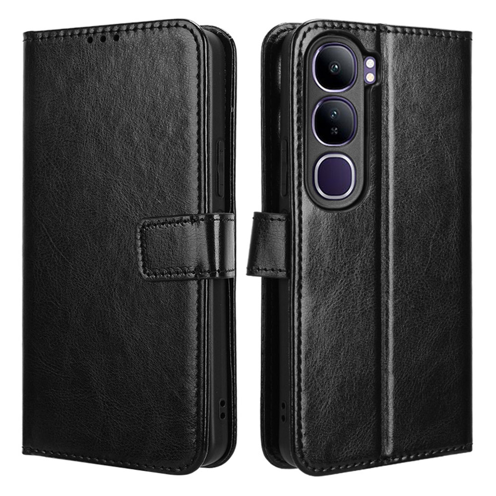 For vivo V40 Lite (Indonesia) 4G  /  5G Case Crazy Horse Texture PU Leather Phone Wallet Cover - Black