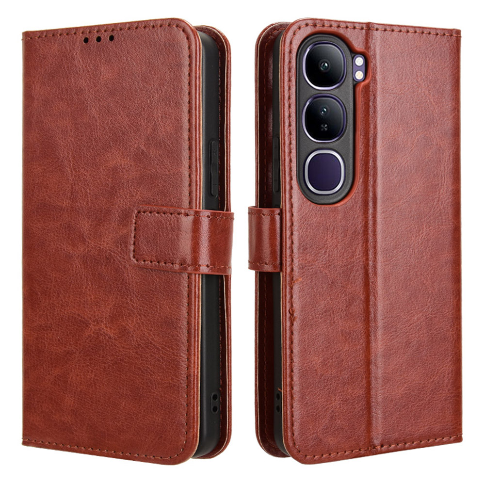 For vivo V40 Lite (Indonesia) 4G  /  5G Case Crazy Horse Texture PU Leather Phone Wallet Cover - Brown
