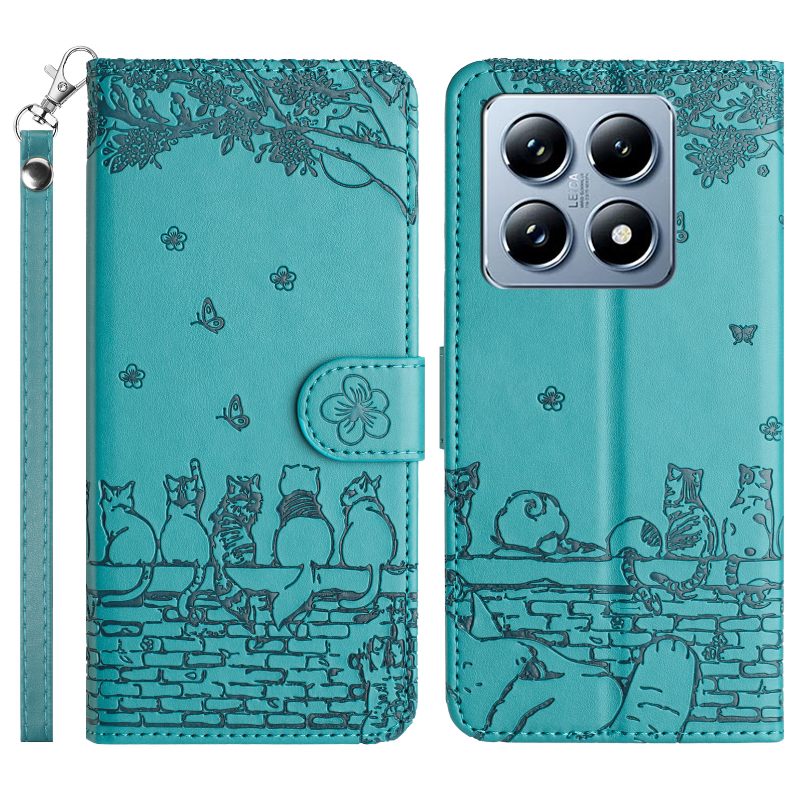 For Xiaomi 14T Case with Wrist Strap Leather Phone Cover Wall Cats Pattern - Blue
