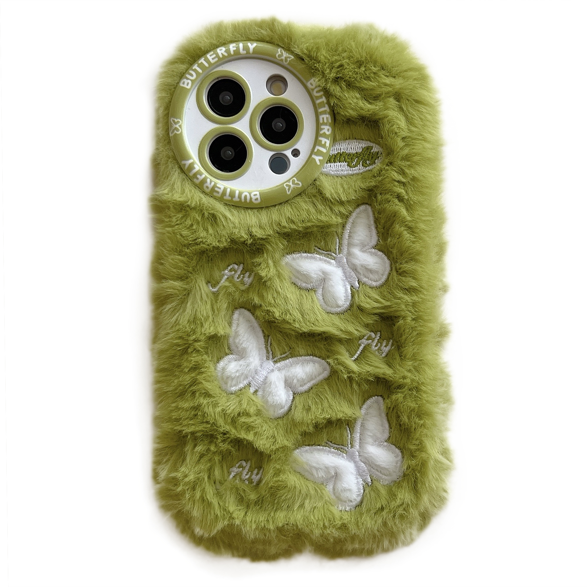 For iPhone 16 Pro Max Case Butterfly Design Warm Plush TPU Phone Cover - Green