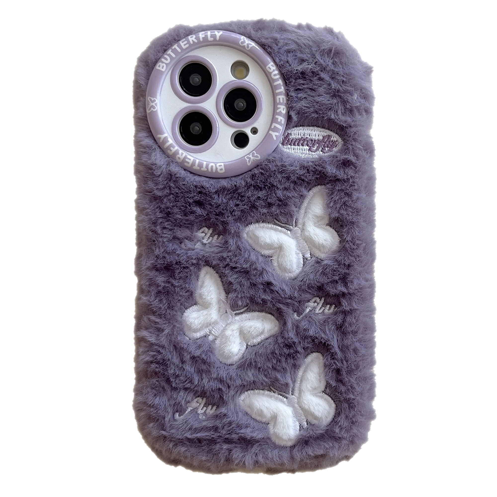 For iPhone 16 Pro Max Case Butterfly Design Warm Plush TPU Phone Cover - Purple