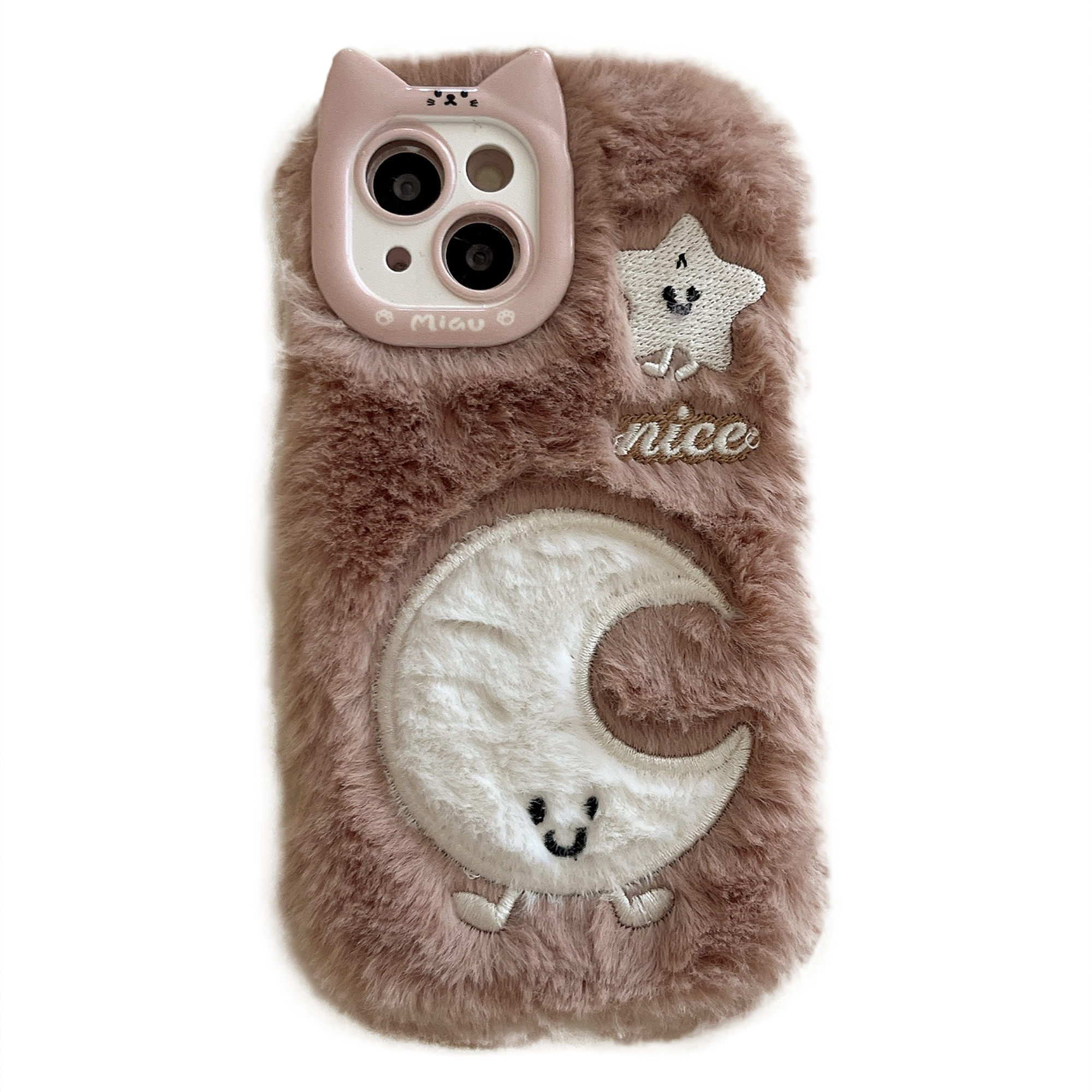 For iPhone 15 Case Embroidered Star Moon Warm Plush TPU Phone Cover - Brown