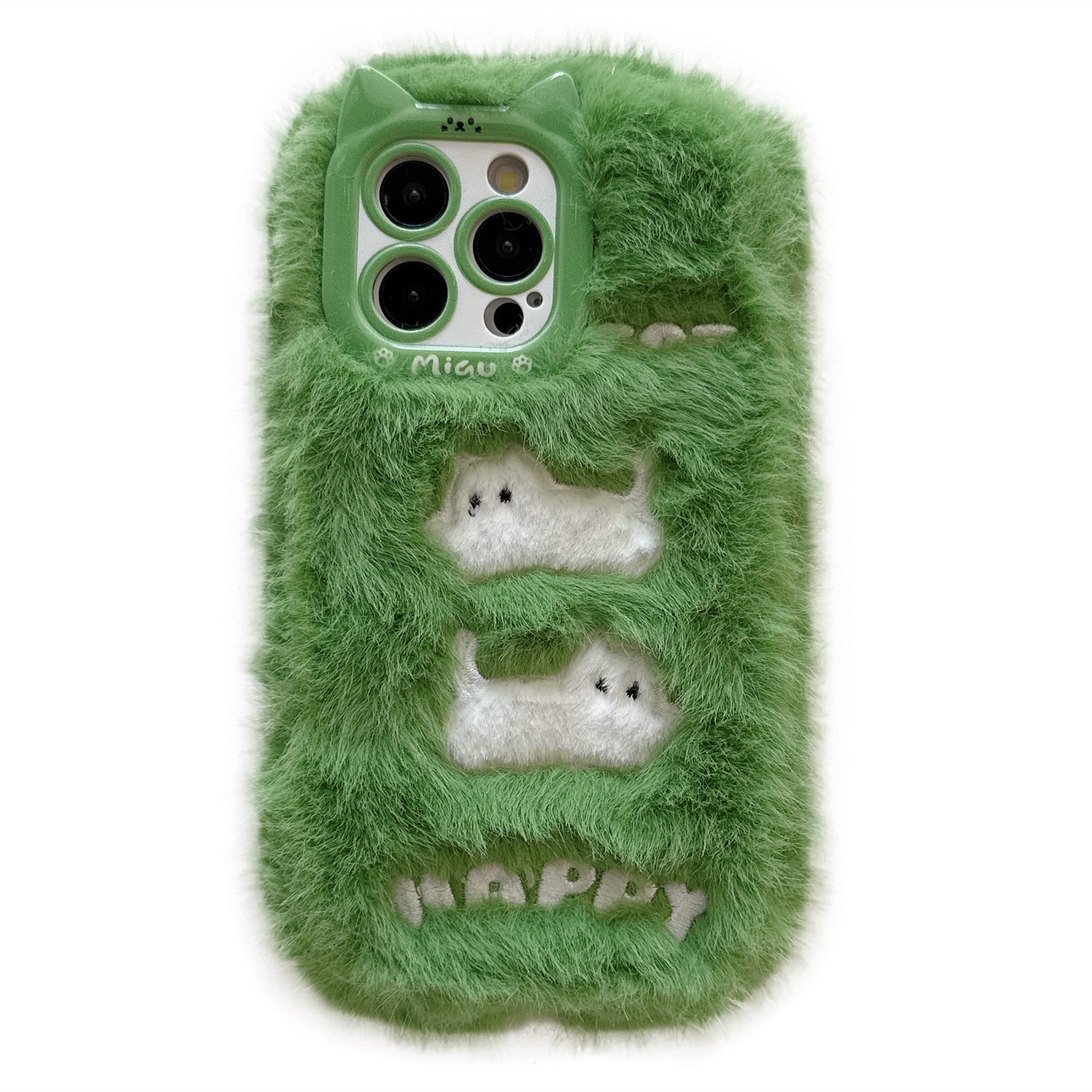 For iPhone 16 Pro Case Embroidered White Cats Fuzzy Winter TPU Phone Cover - Green