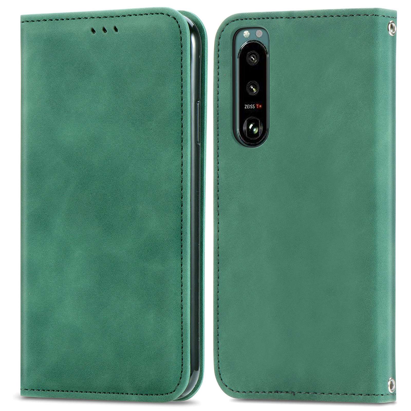 

Magnetische Automatisch Absorbierte Pu-lederhülle Für Sony Xperia 5 III 5G, Hauttouch Retro Full Protection Phone Stand Hülle Mit Kartensteckplätzen - Grün, Xperia 5 III 5G