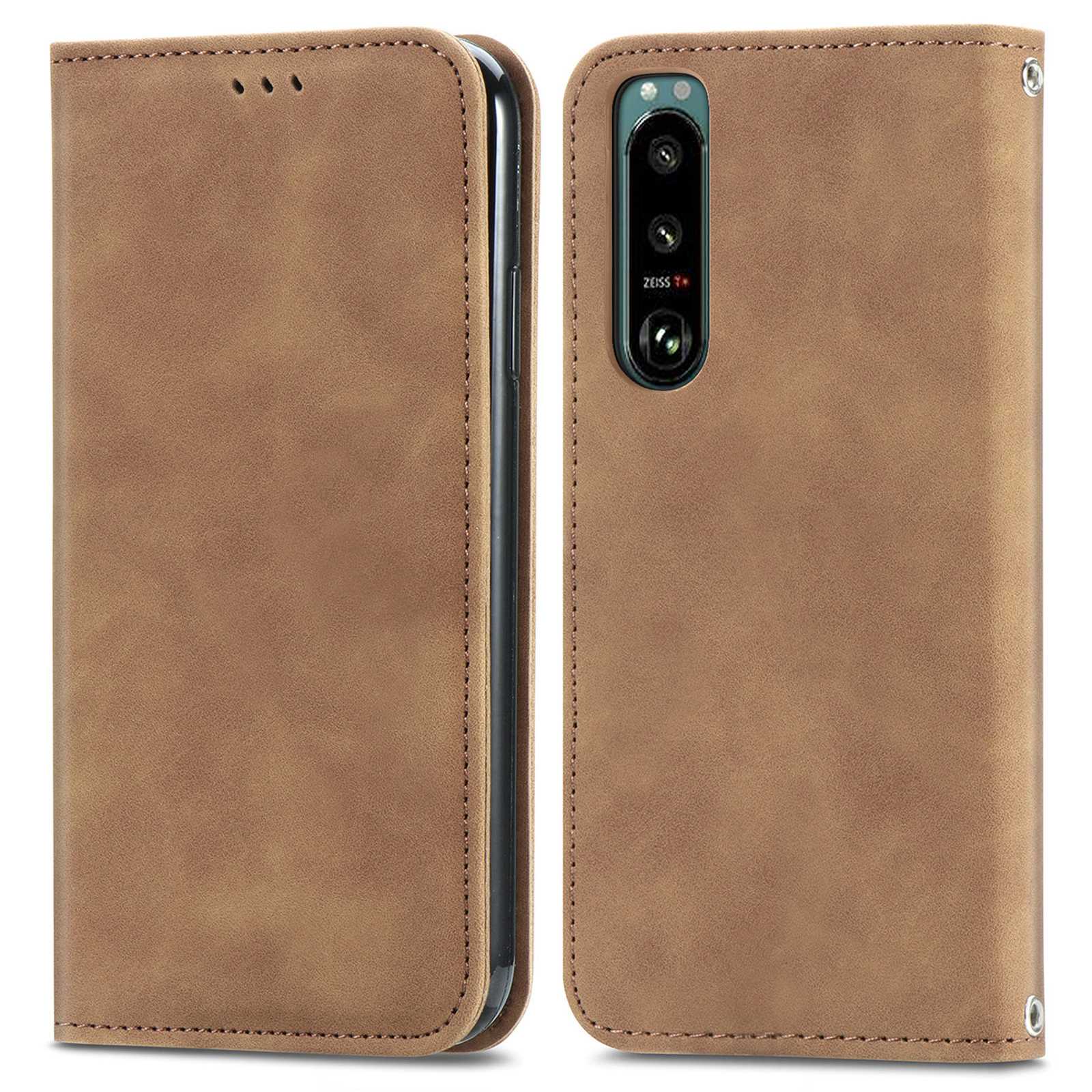 

Magnetische Automatisch Absorbierte Pu-lederhülle Für Sony Xperia 5 III 5G, Hauttouch Retro Full Protection Phone Stand Hülle Mit Kartensteckplätzen - Braun, Xperia 5 III 5G