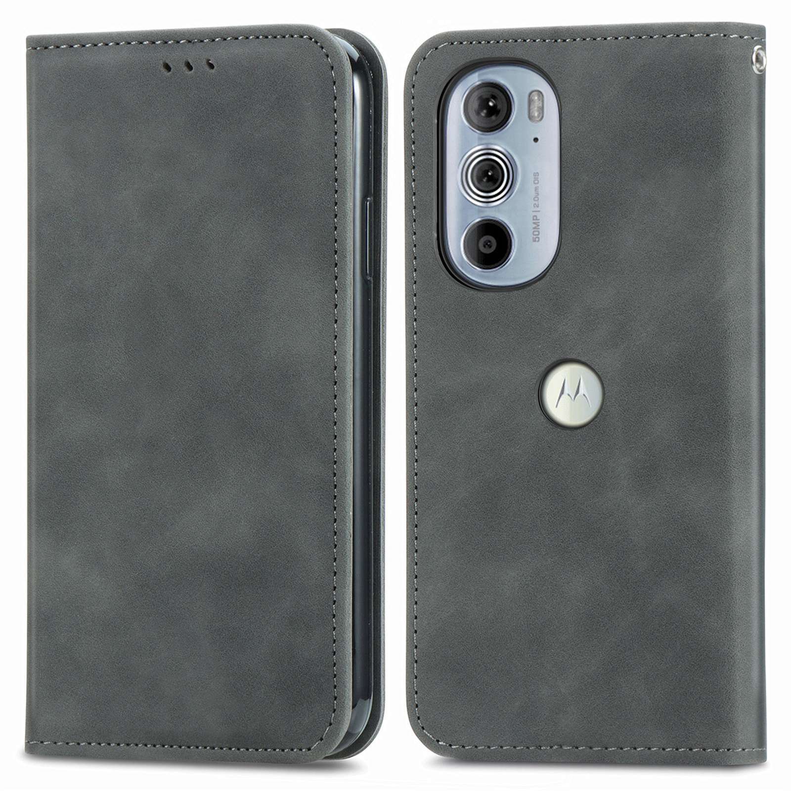 

Für Motorola Edge 30 Pro (Motorola Edge+(2022)) Hauttouch Retro Leder Hülle Magnetverschluss Kartenhalter Telefonständer Cover - Grau, Motorola Edge 30 Pro (Motorola Edge+ (2022))