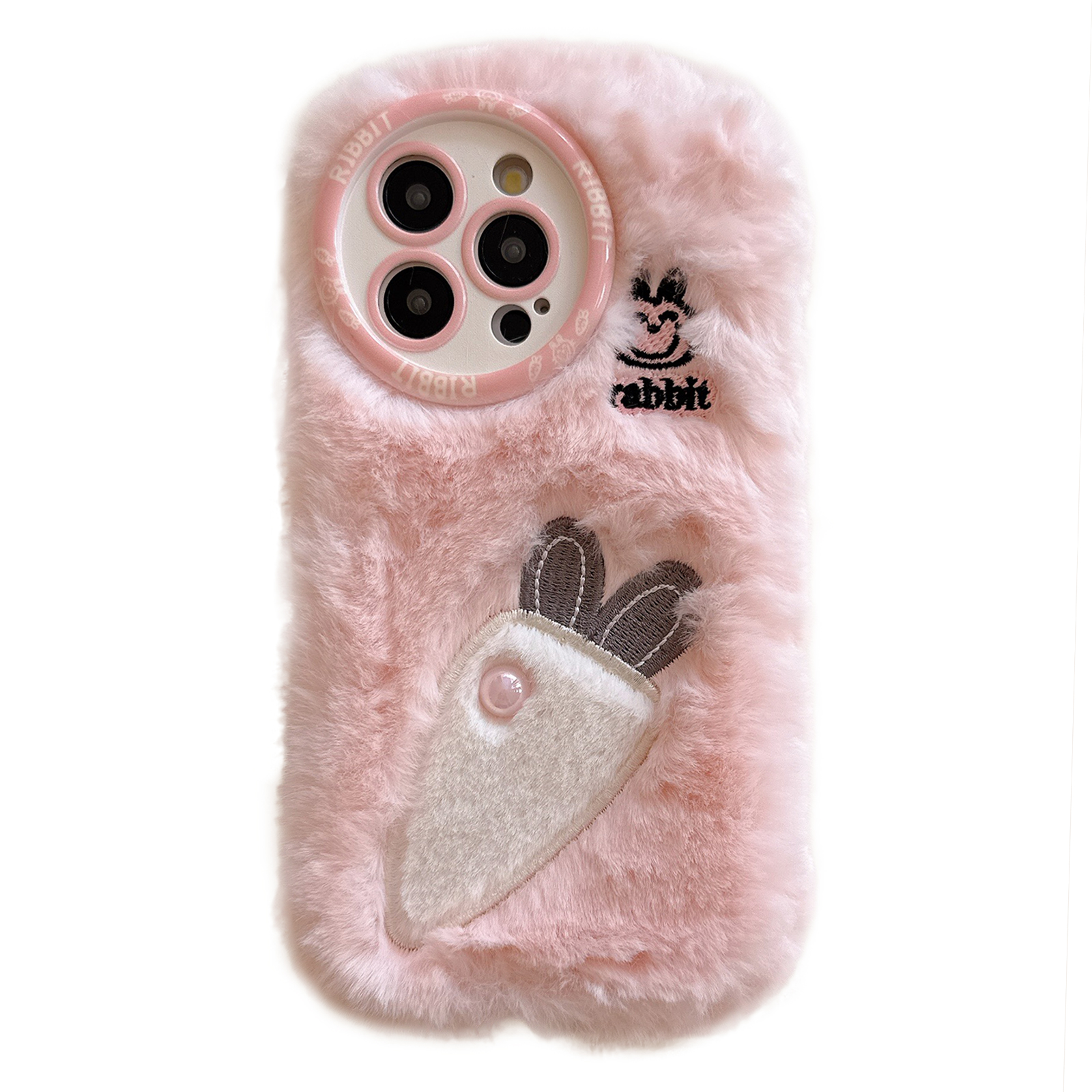For iPhone 16 Pro Case Embroidery Carrot Rabbit Pearl Accents Furry TPU Phone Cover - Pink