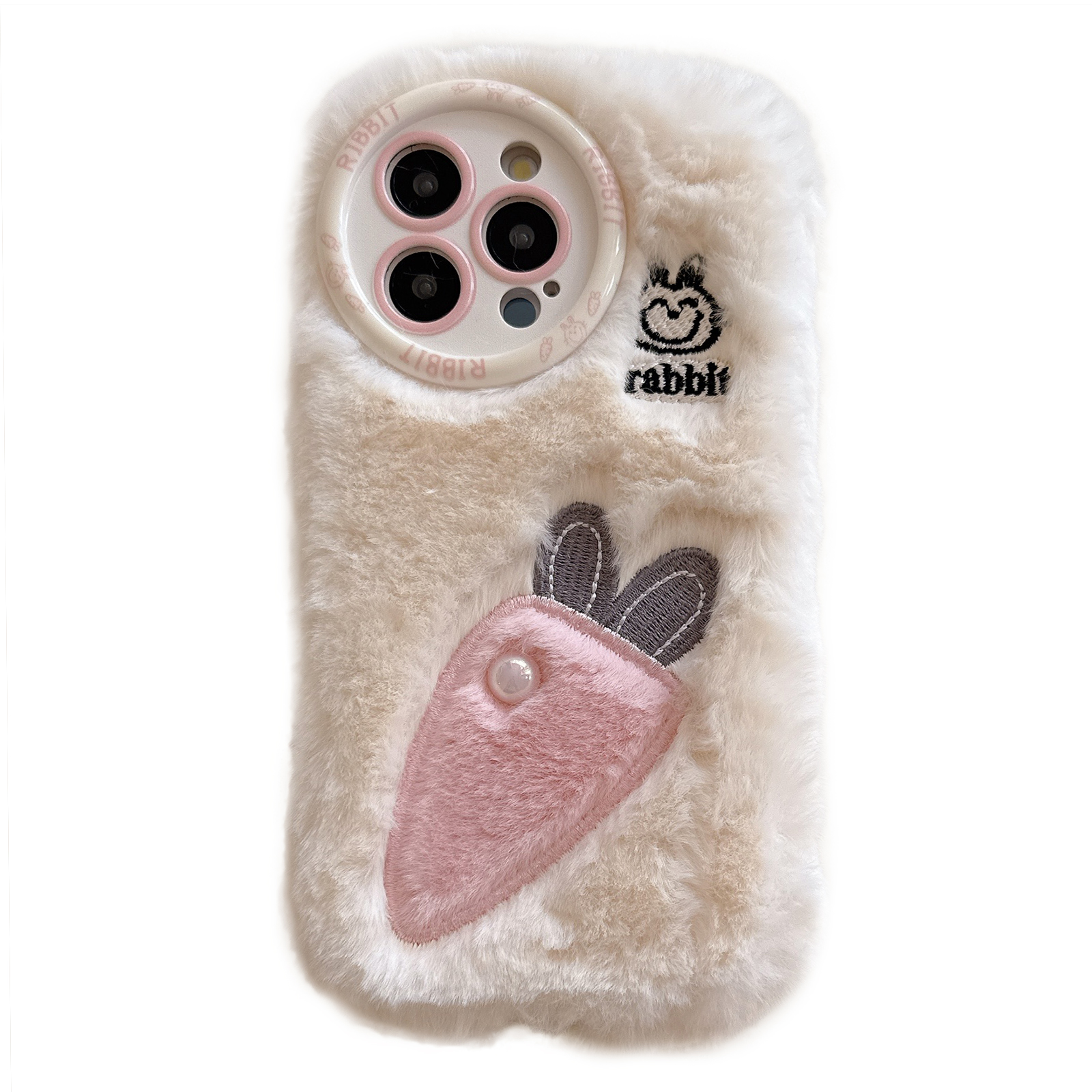 For iPhone 16 Pro Max Case Embroidery Carrot Rabbit Pearl Accents Furry TPU Phone Cover - White