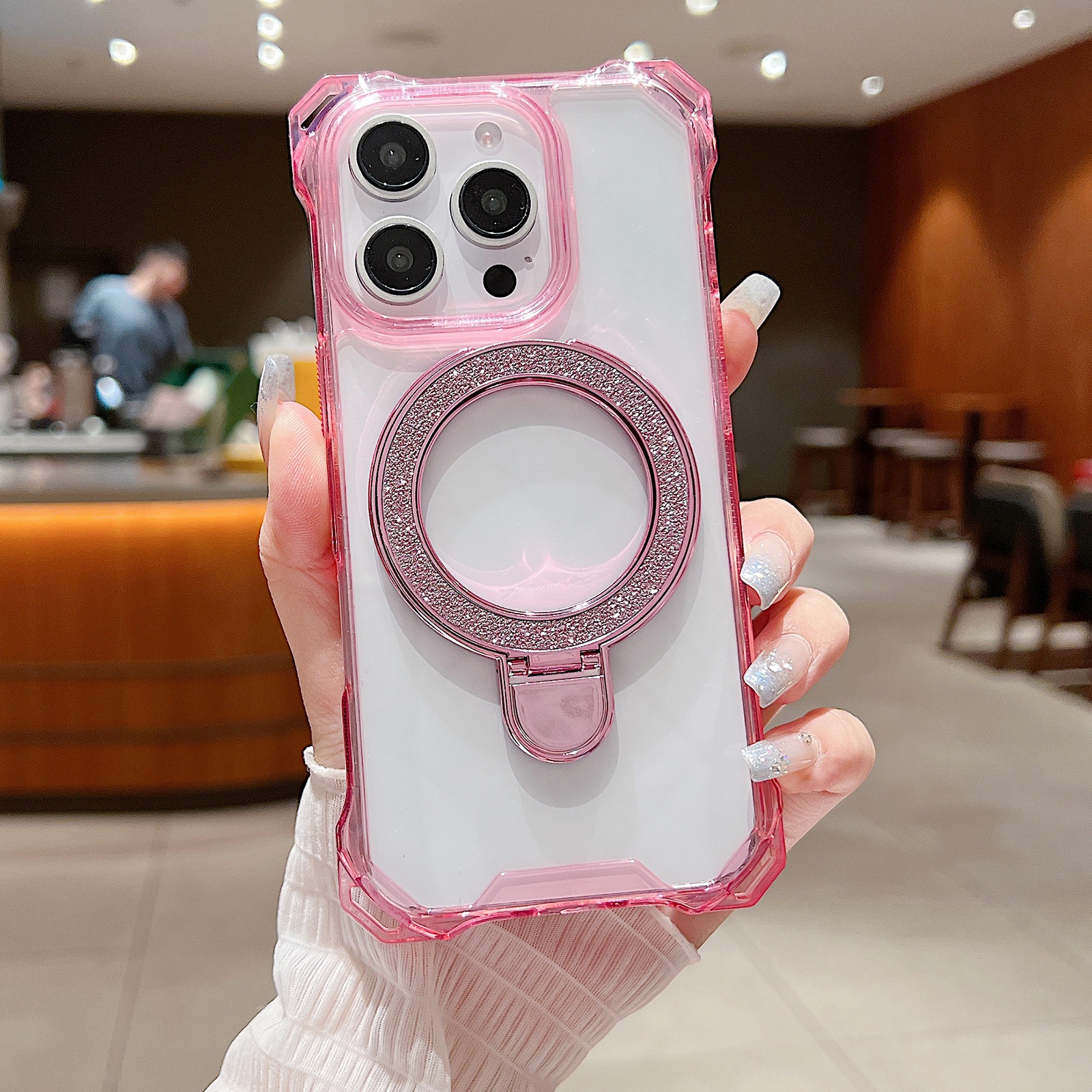 For iPhone 16 Pro Case Glitter Magnetic Kickstand Reinforced Corners Acrylic+TPU Phone Cover - Pink