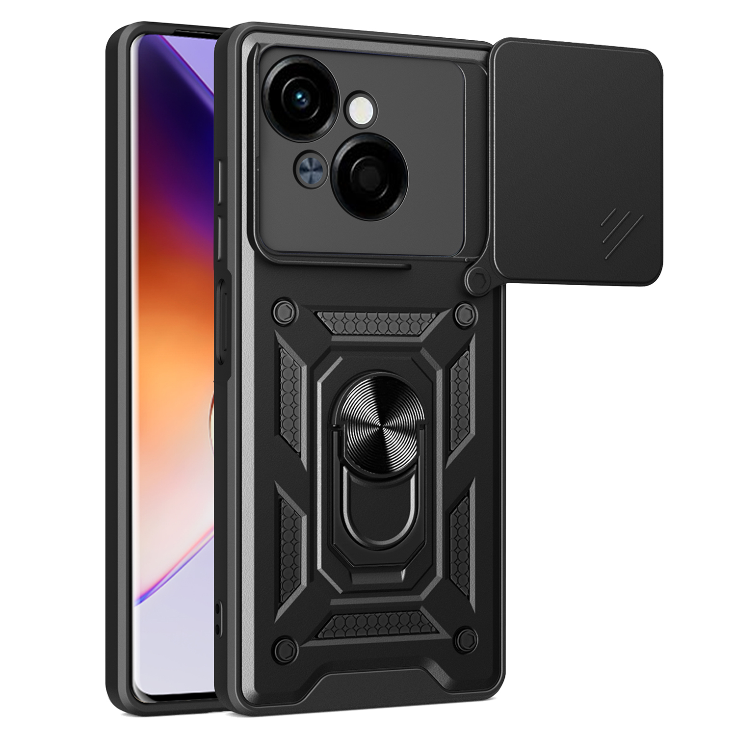 For TECNO Spark Go 2025 / Spark Go 1 / Pop 9 4G Case with Slide Camera Lid PC+TPU Kickstand Phone Cover - Black