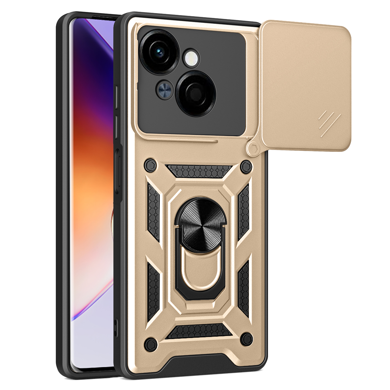 For TECNO Spark Go 2025 / Spark Go 1 / Pop 9 4G Case with Slide Camera Lid PC+TPU Kickstand Phone Cover - Gold