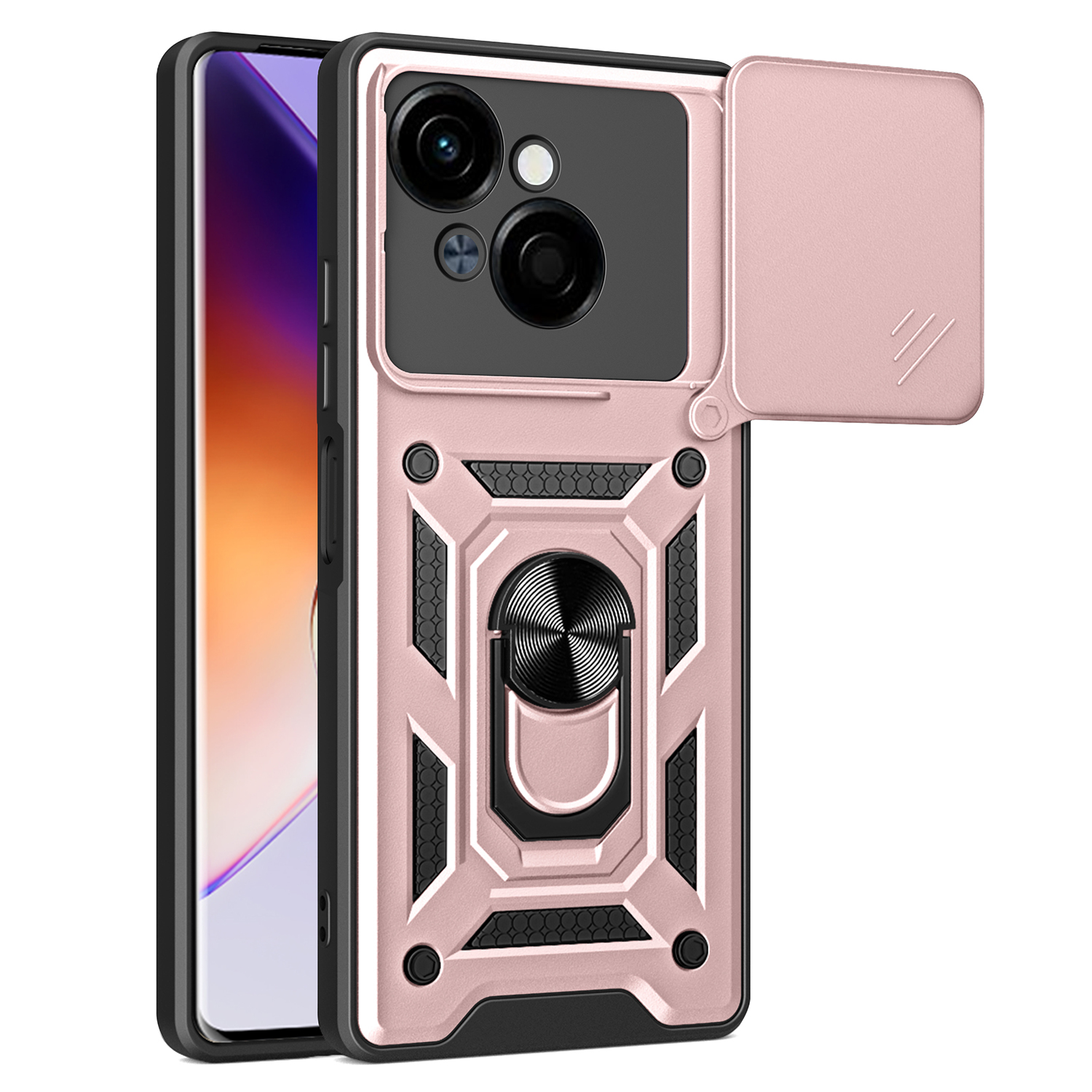 For TECNO Spark Go 2025 / Spark Go 1 / Pop 9 4G Case with Slide Camera Lid PC+TPU Kickstand Phone Cover - Rose Gold