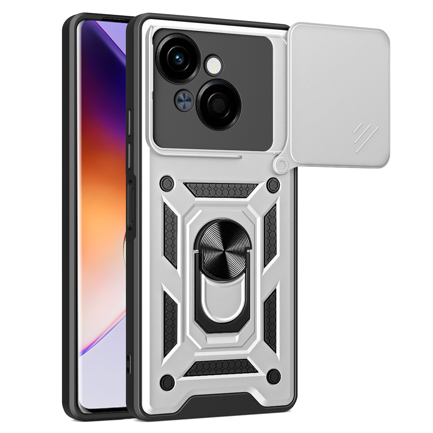 For TECNO Spark Go 2025 / Spark Go 1 / Pop 9 4G Case with Slide Camera Lid PC+TPU Kickstand Phone Cover - Silver