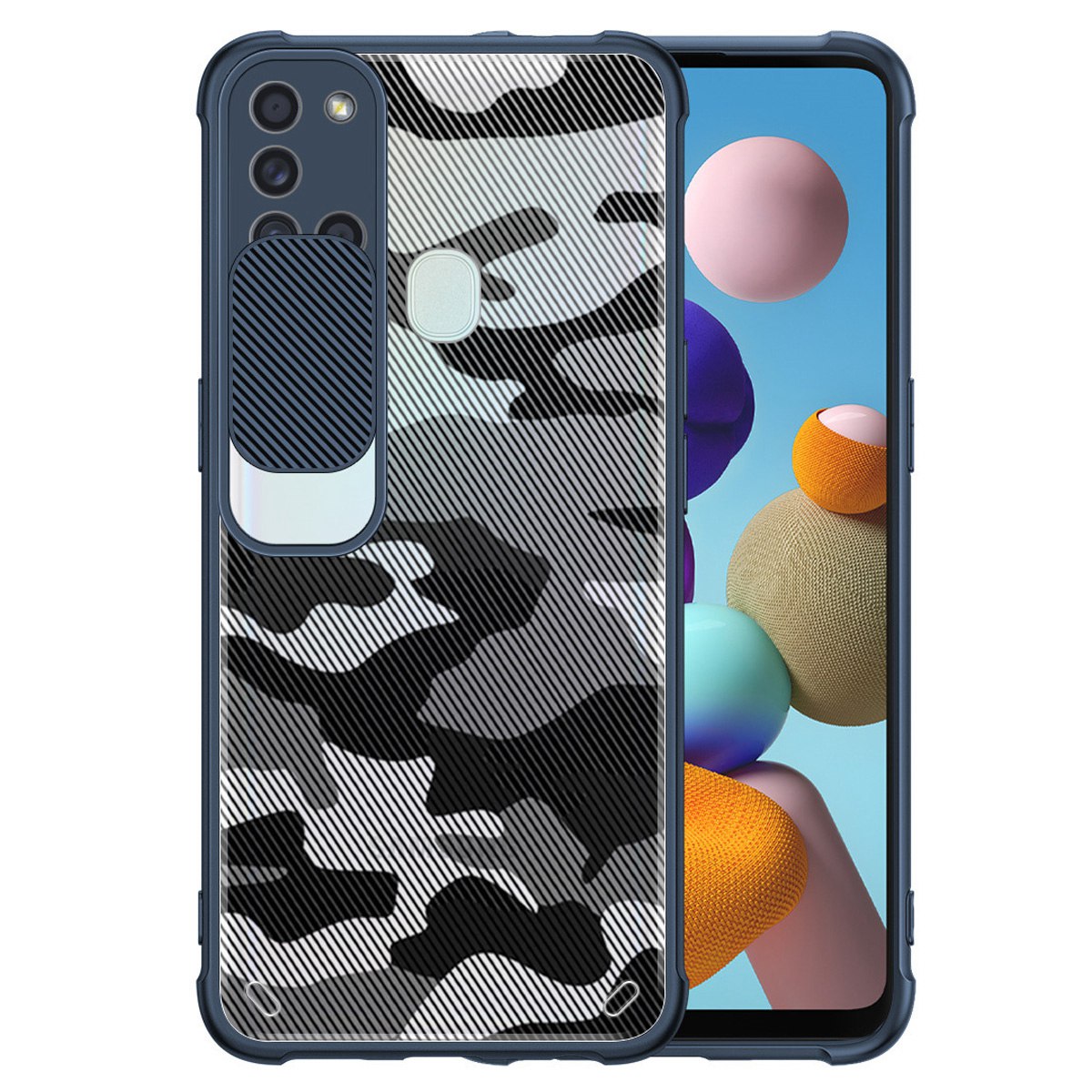 

RZANTS For Samsung Galaxy A21s Camouflage Pattern TPU+Acrylic Phone Case Lens Slide Window Drop Proof Protective Cover - Blue, Galaxy A21s