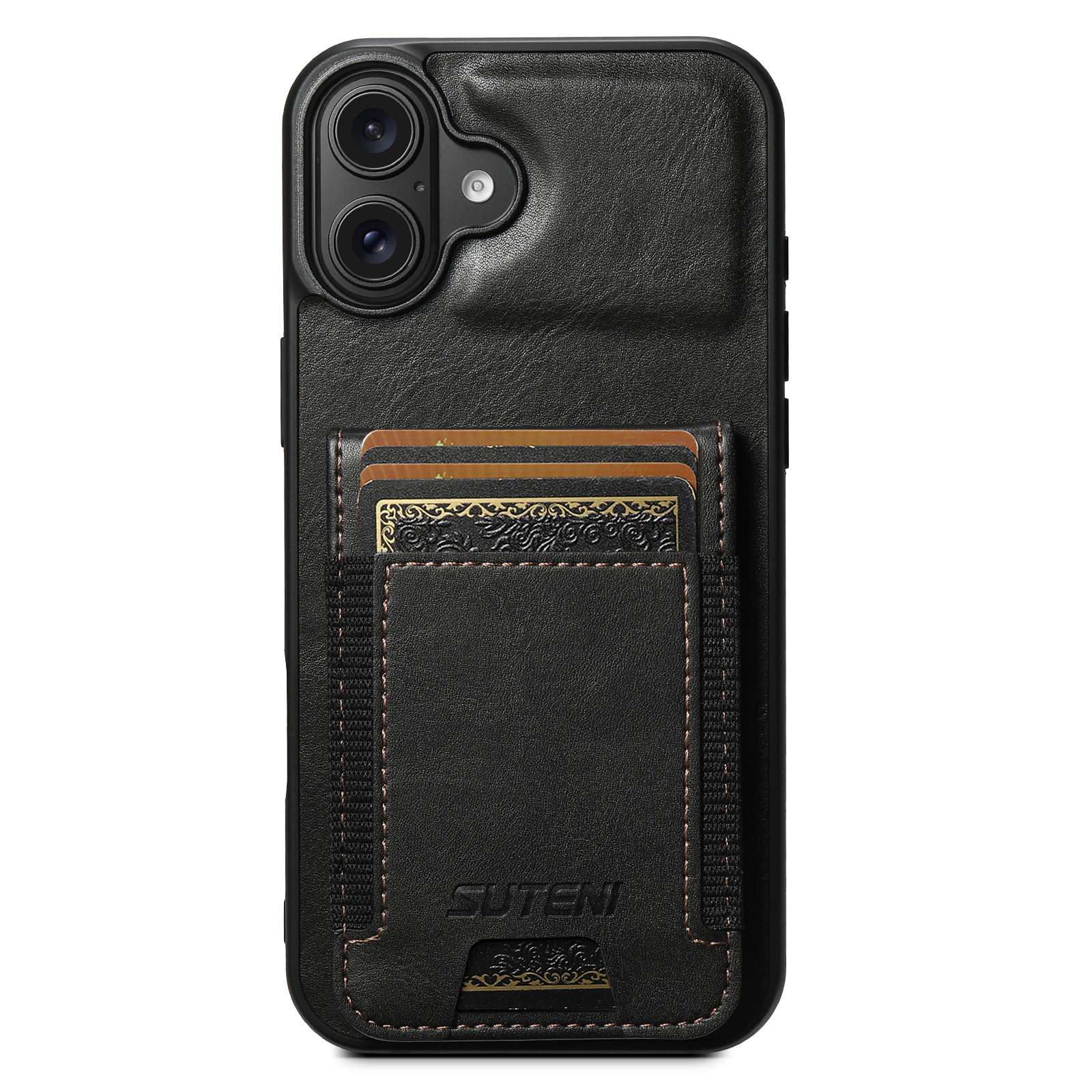 SUTENI H03 For iPhone 16 Plus Case Card Holder Waxy Texture Leather+TPU Phone Cover - Black