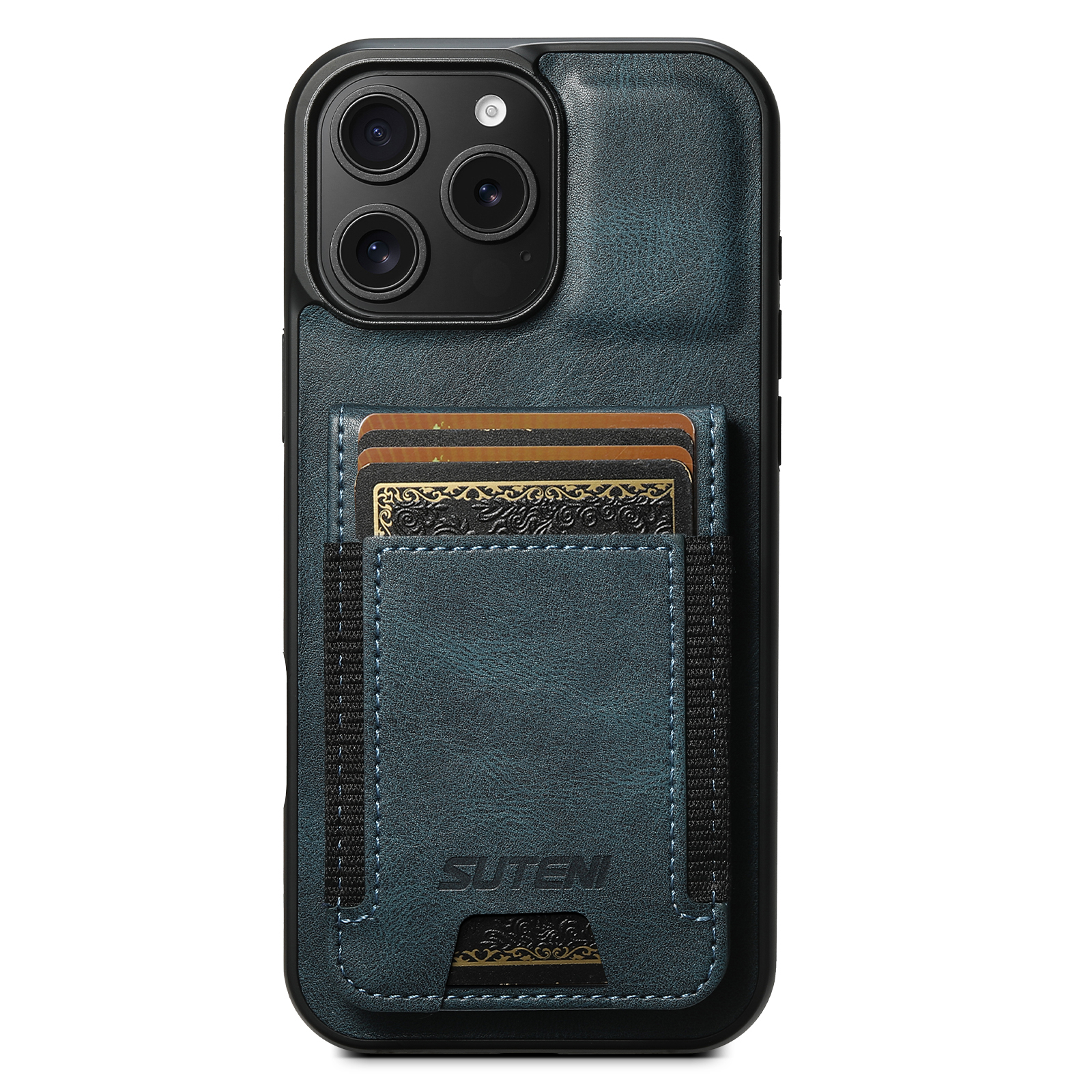SUTENI H03 For iPhone 16 Pro Case Card Holder Waxy Texture Leather+TPU Phone Cover - Blue