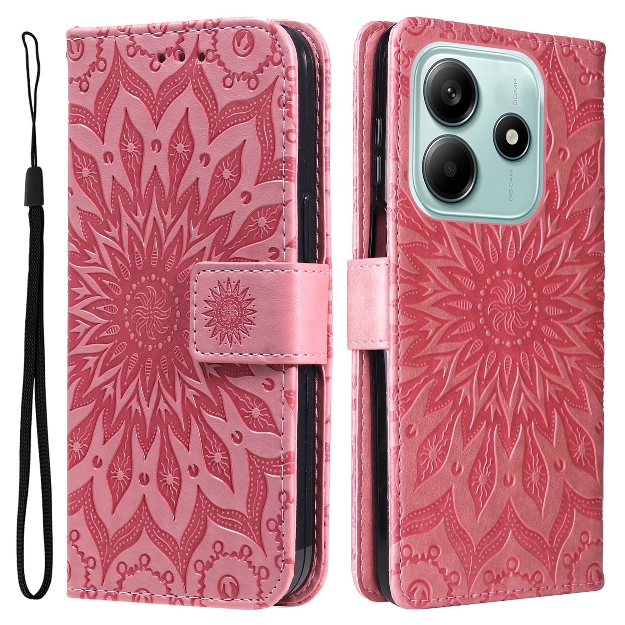 For Xiaomi Redmi Note 14 5G Phone Case Sunflower Imprinted Leather Wallet Stand Cover with Strap - Pink