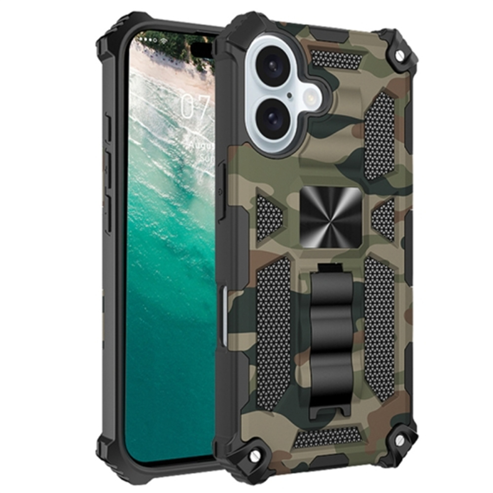 For iPhone 16 Case Kickstand Camouflage Anti-Drop TPU+PC Phone Cover - Army Green
