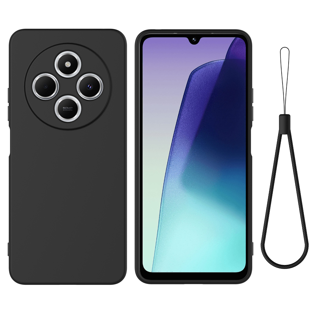 Liquid Silicone Case For Xiaomi Poco C75 5G / Poco C75 4G / Redmi 14R 5G / 14C 4G Anti-Scratch Phone Cover with Hand Strap - Black