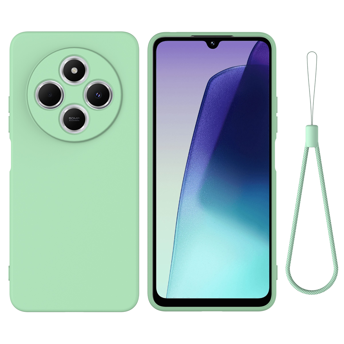 Liquid Silicone Case For Xiaomi Poco C75 5G / Poco C75 4G / Redmi 14R 5G / 14C 4G Anti-Scratch Phone Cover with Hand Strap - Green
