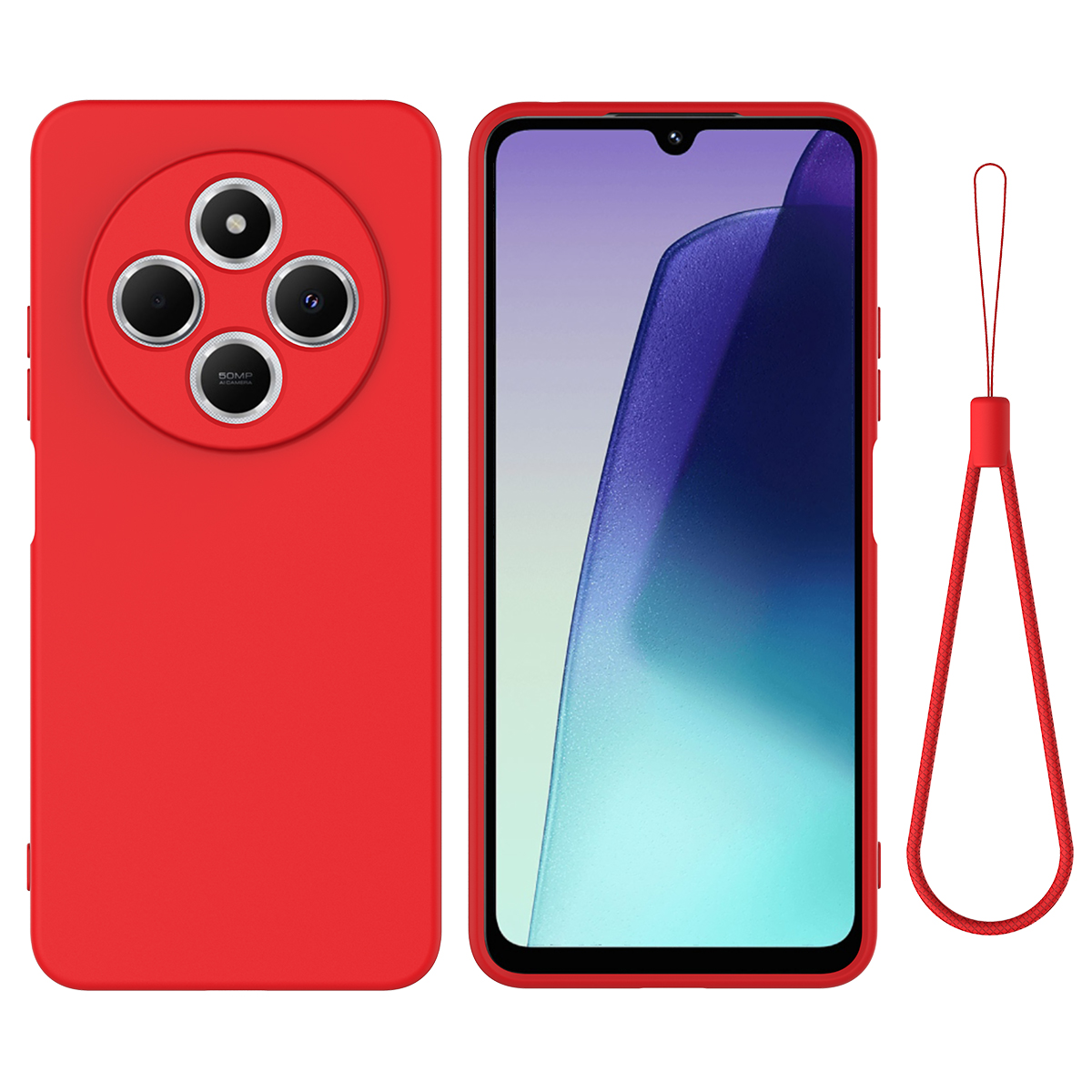 Liquid Silicone Case For Xiaomi Poco C75 5G / Poco C75 4G / Redmi 14R 5G / 14C 4G Anti-Scratch Phone Cover with Hand Strap - Red