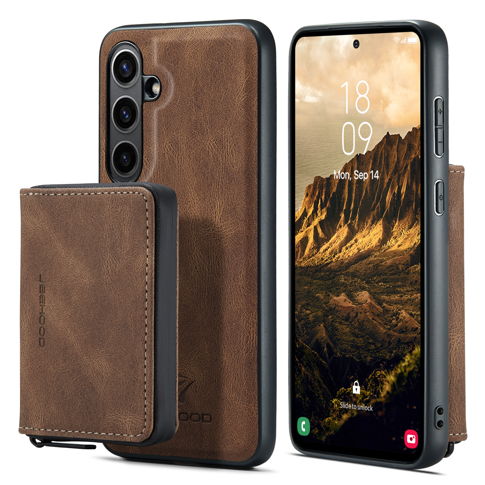 CASEME For Samsung Galaxy S24 FE Case JEEHOOD J02 Detachable 2-in-1 Leather Coated TPU Phone Cover with Kickstand Zipper Wallet - Brown