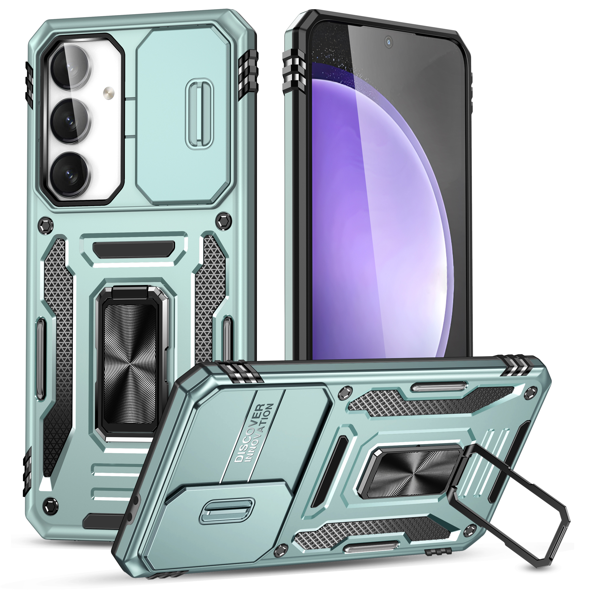 Armor Series For Samsung Galaxy S24 FE Case Kickstand Slide Lens Lid PC+TPU Drop-Proof Phone Cover - Green
