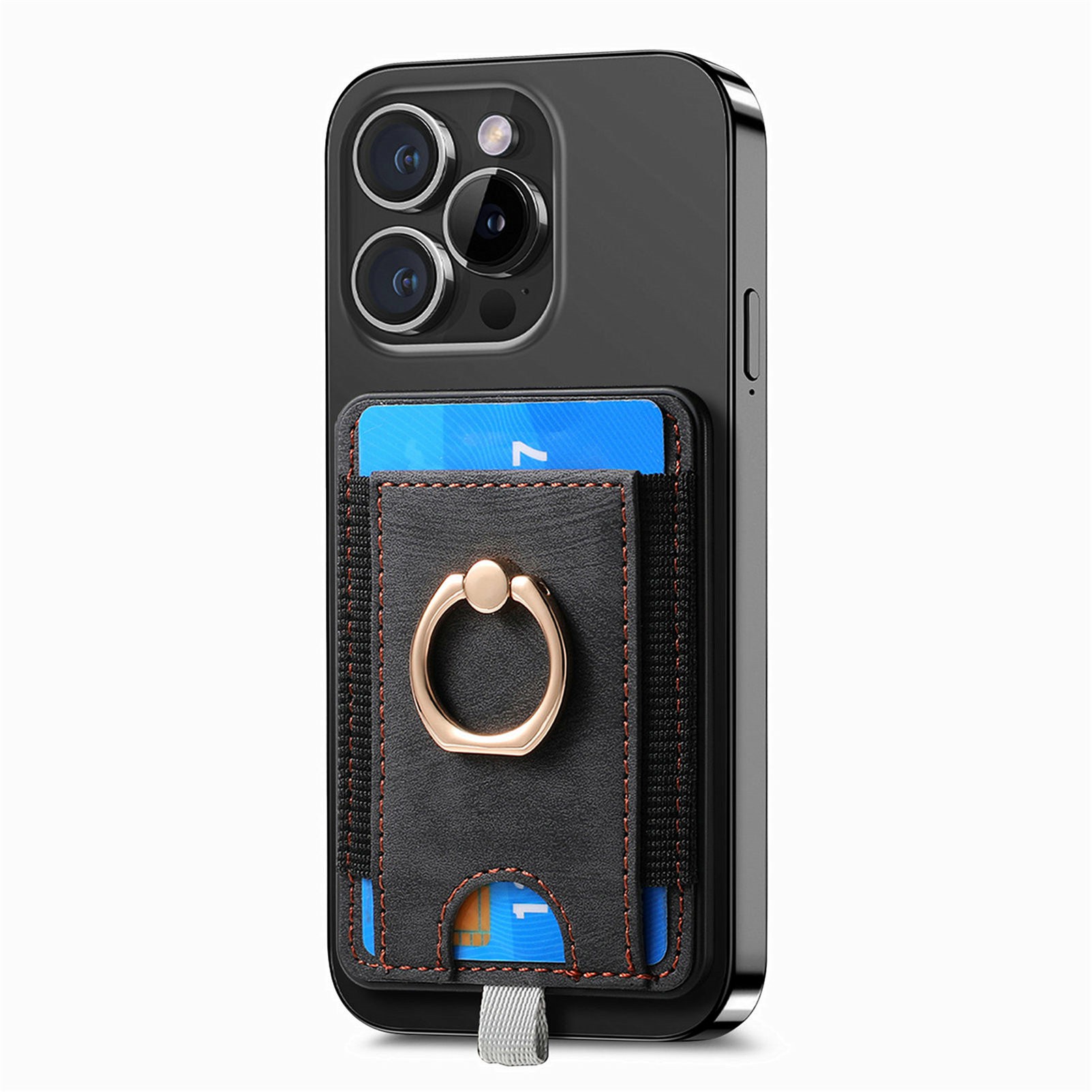 MC-W6 Universal Magnetic Card Holder with Ring Kickstand PU Leather Phone Card Bag - Black