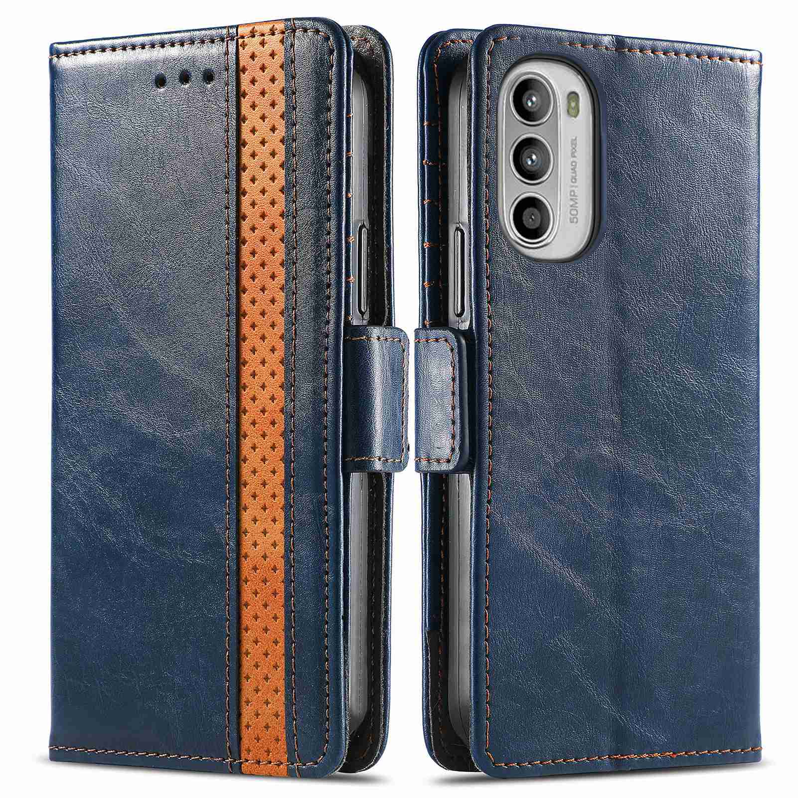 

Caseneo 002-serie Für Motorola Moto G52 4G RFID Blockierende Business Style Spleißhülle PU Leder Brieftasche Anti-scratch-telefonabdeckung - Dunkelblau, Motorola Moto G52 4G