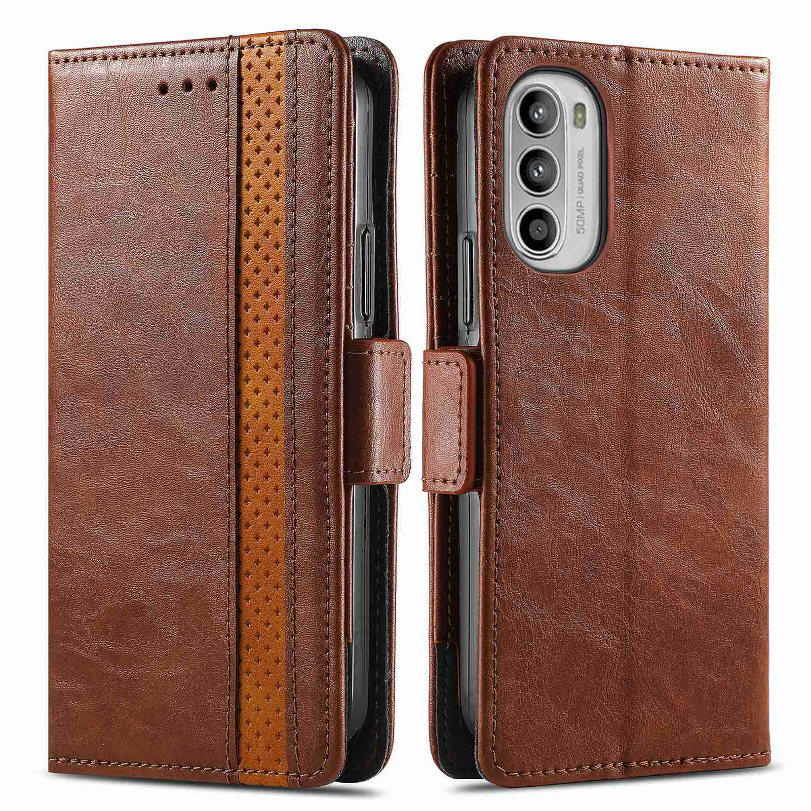 

Caseneo 002-serie Für Motorola Moto G52 4G RFID Blockierende Business Style Spleißhülle PU Leder Brieftasche Anti-scratch-telefonabdeckung - Dunkelbraun, Motorola Moto G52 4G