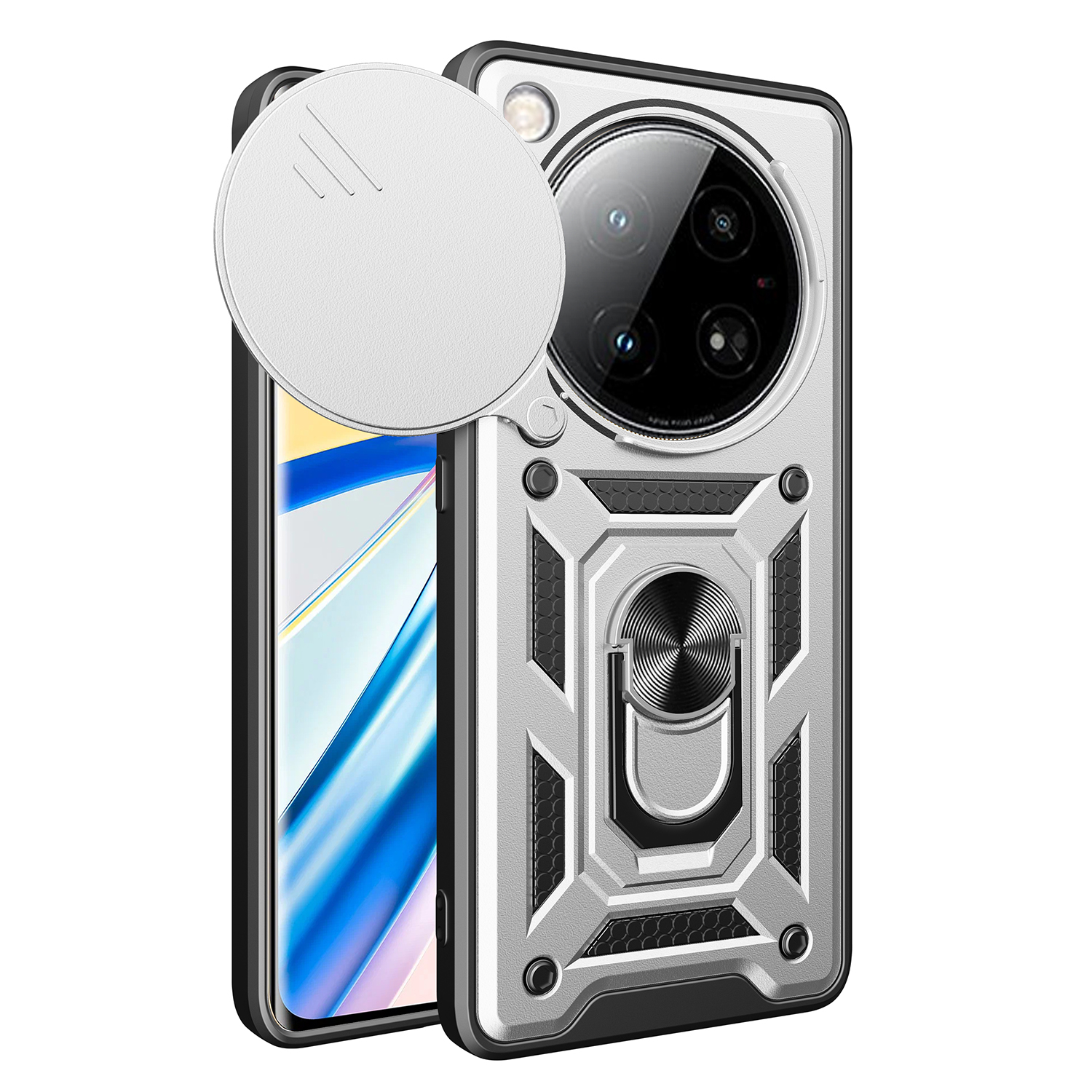 For Infinix Zero 40 5G Case with Slide Camera Lid PC+TPU Kickstand Phone Cover - Silver