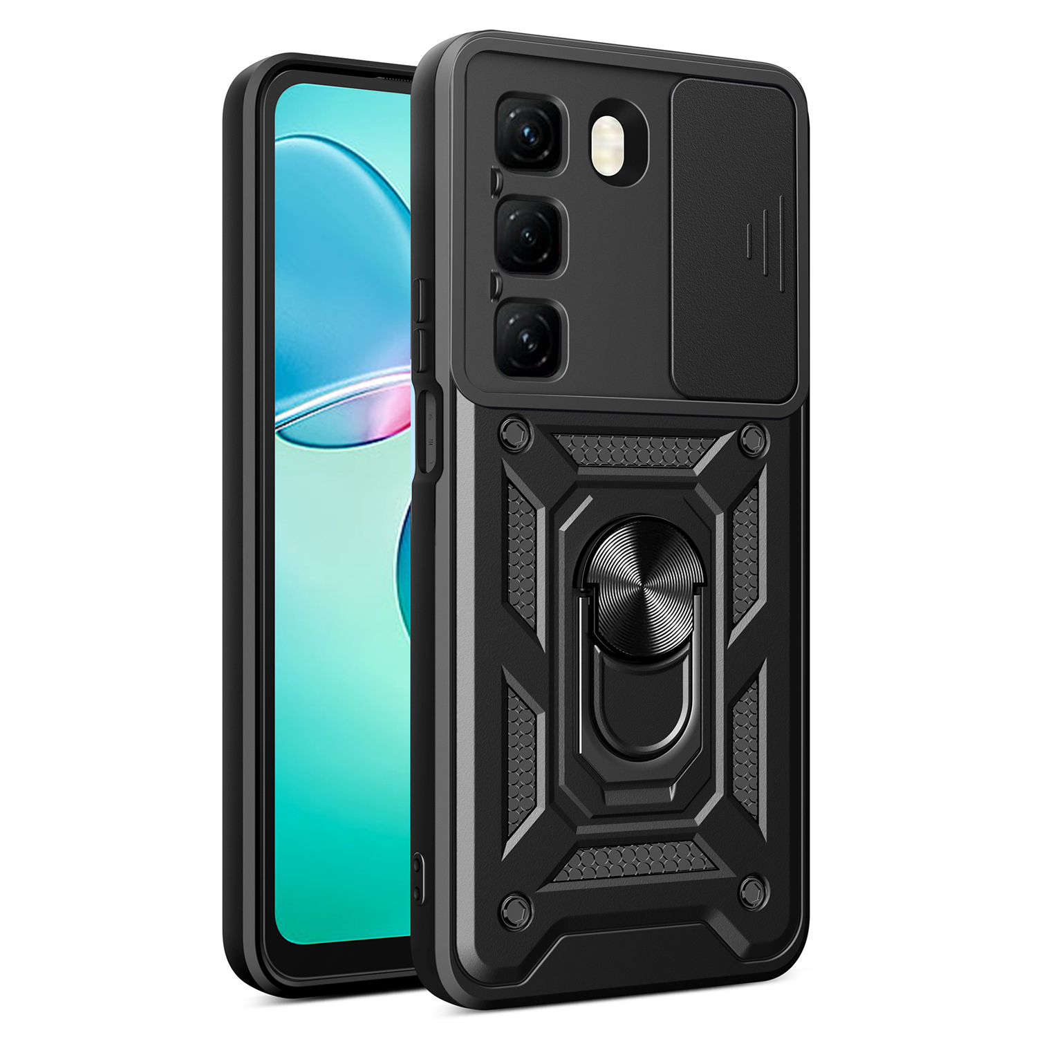 For Infinix Hot 50 4G Case with Slide Camera Lid PC+TPU Kickstand Phone Cover - Black