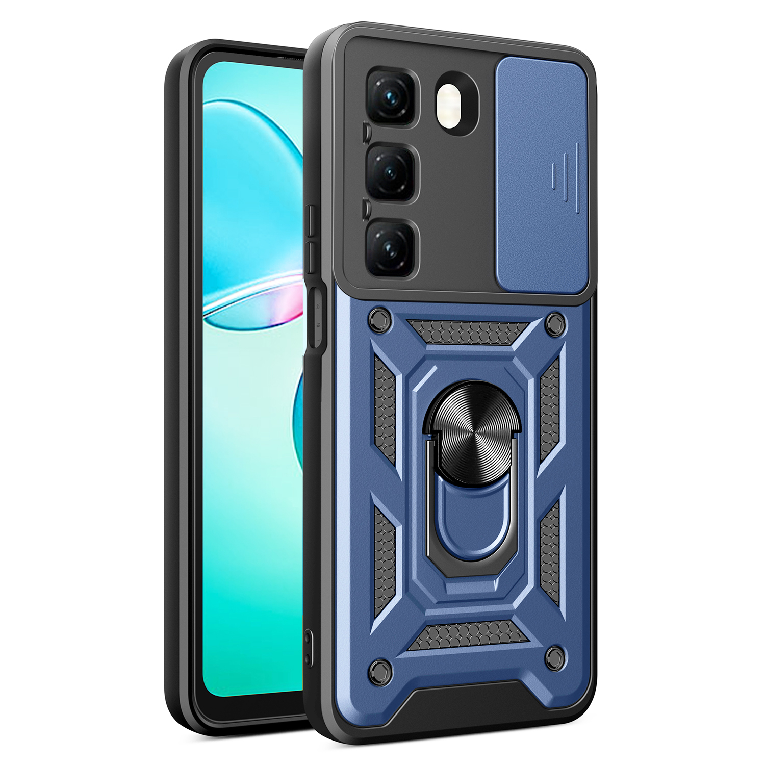 For Infinix Hot 50 4G Case with Slide Camera Lid PC+TPU Kickstand Phone Cover - Blue