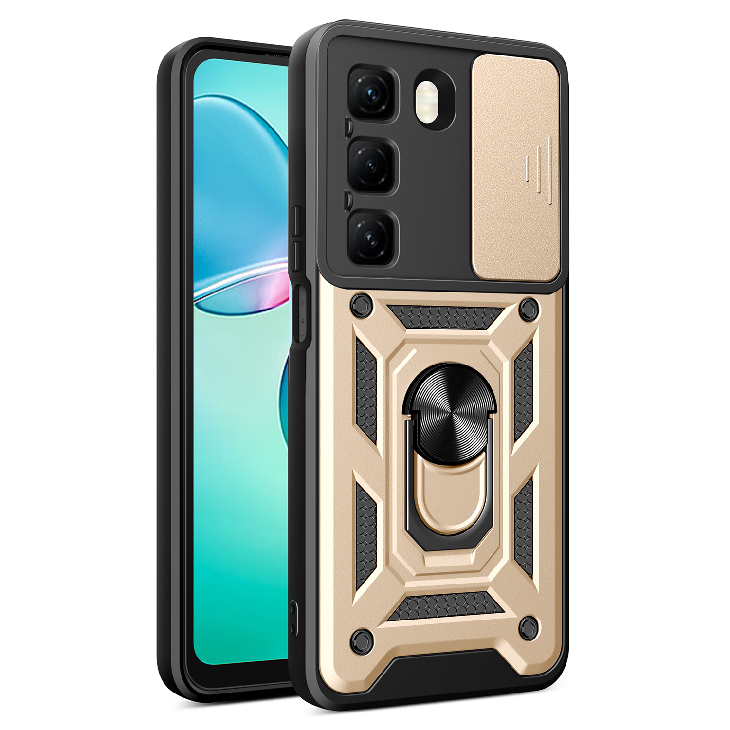 For Infinix Hot 50 4G Case with Slide Camera Lid PC+TPU Kickstand Phone Cover - Gold