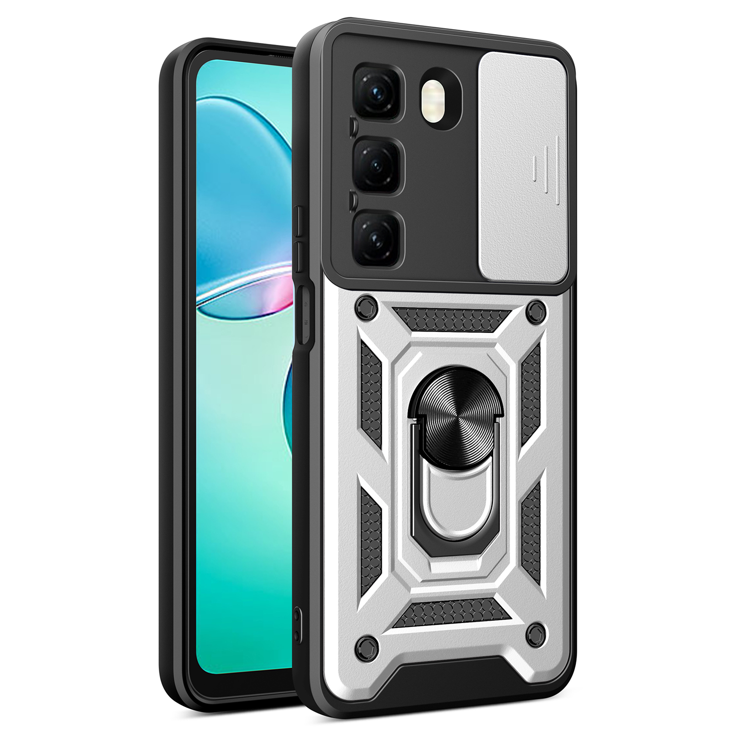 For Infinix Hot 50 4G Case with Slide Camera Lid PC+TPU Kickstand Phone Cover - Silver