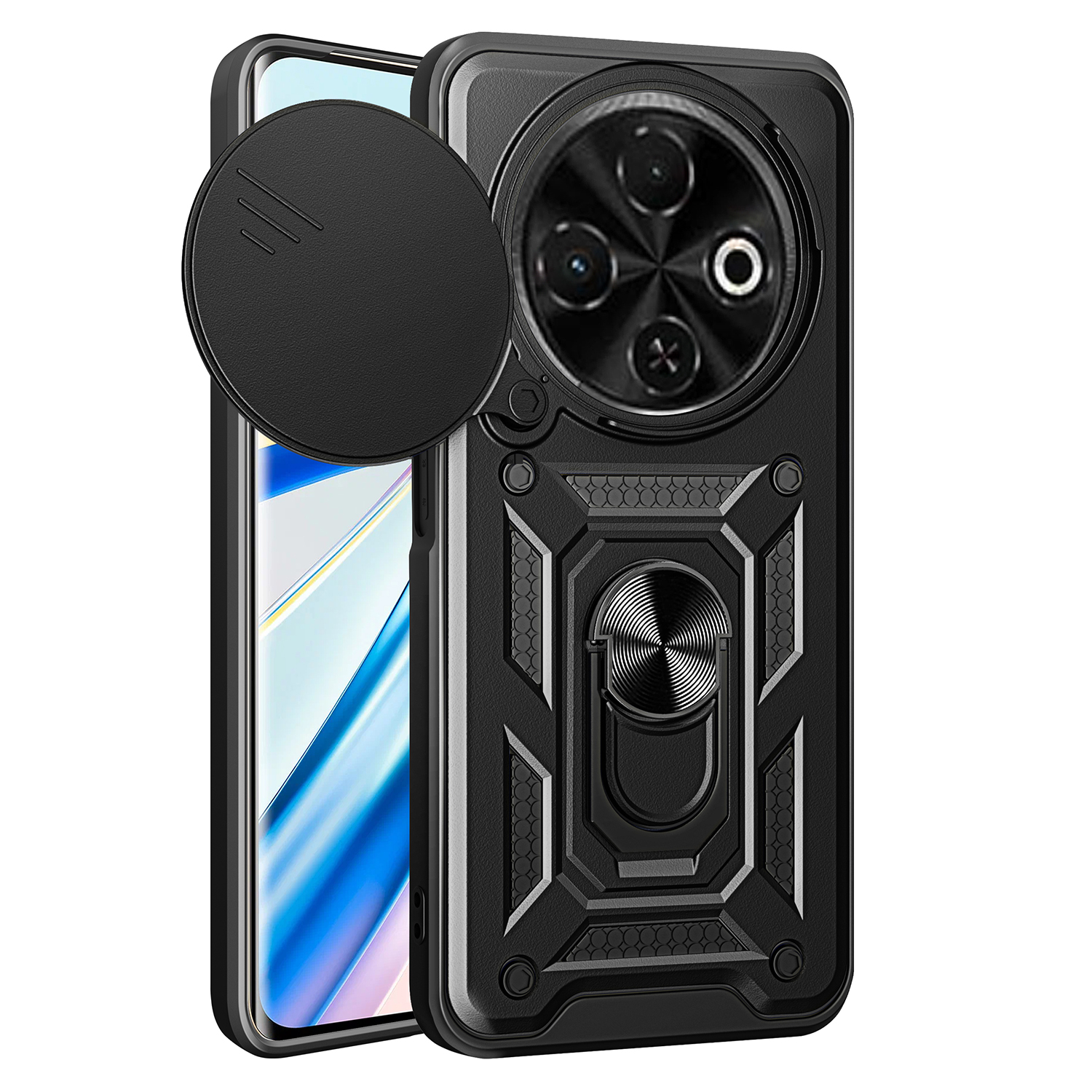 For TECNO Spark 30C 4G Case with Slide Camera Lid PC+TPU Kickstand Phone Cover - Black