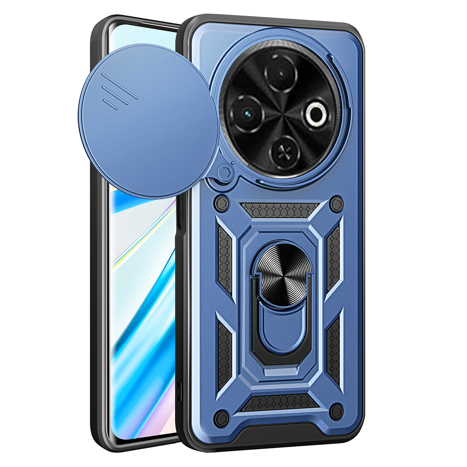 For TECNO Spark 30C 4G Case with Slide Camera Lid PC+TPU Kickstand Phone Cover - Blue