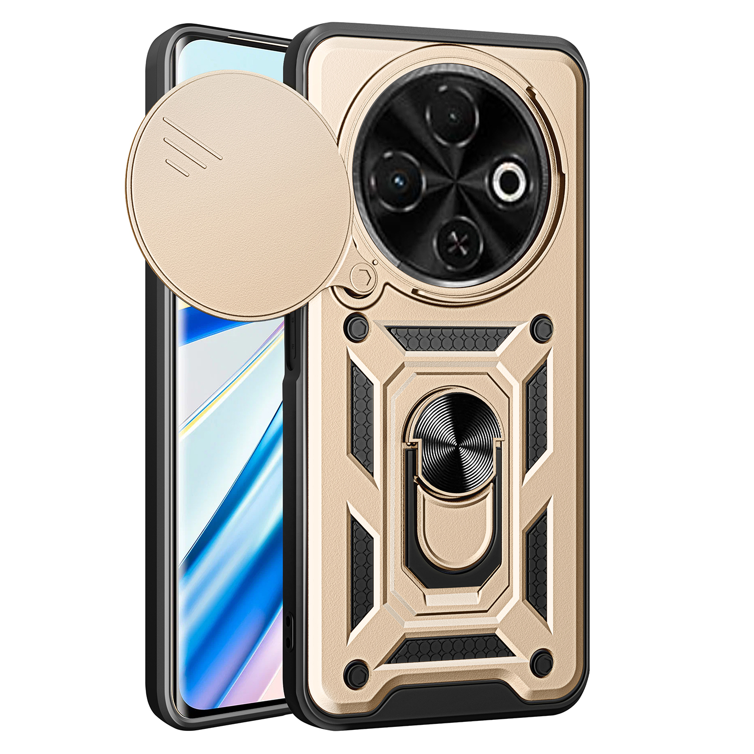 For TECNO Spark 30C 4G Case with Slide Camera Lid PC+TPU Kickstand Phone Cover - Gold