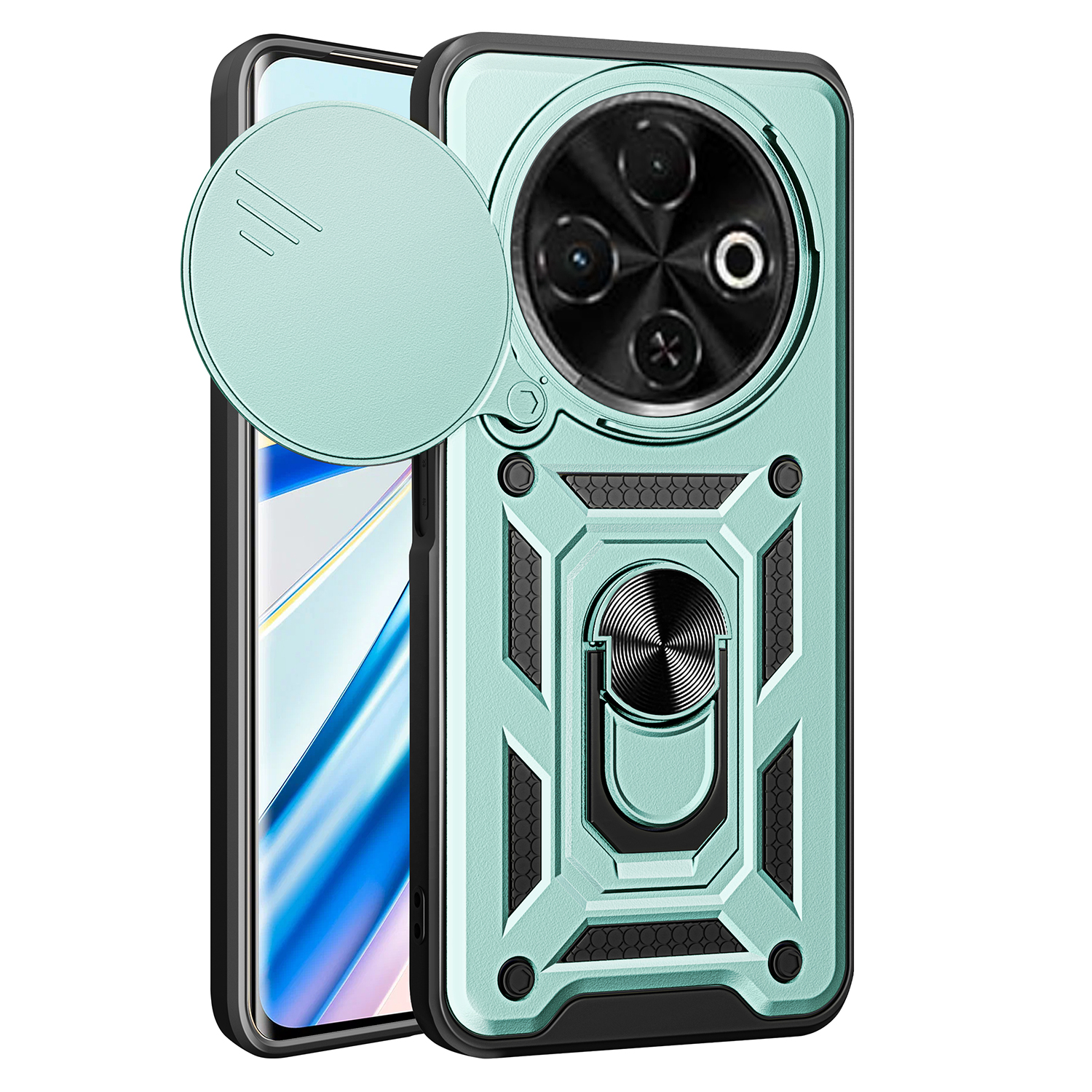 For TECNO Spark 30C 4G Case with Slide Camera Lid PC+TPU Kickstand Phone Cover - Green