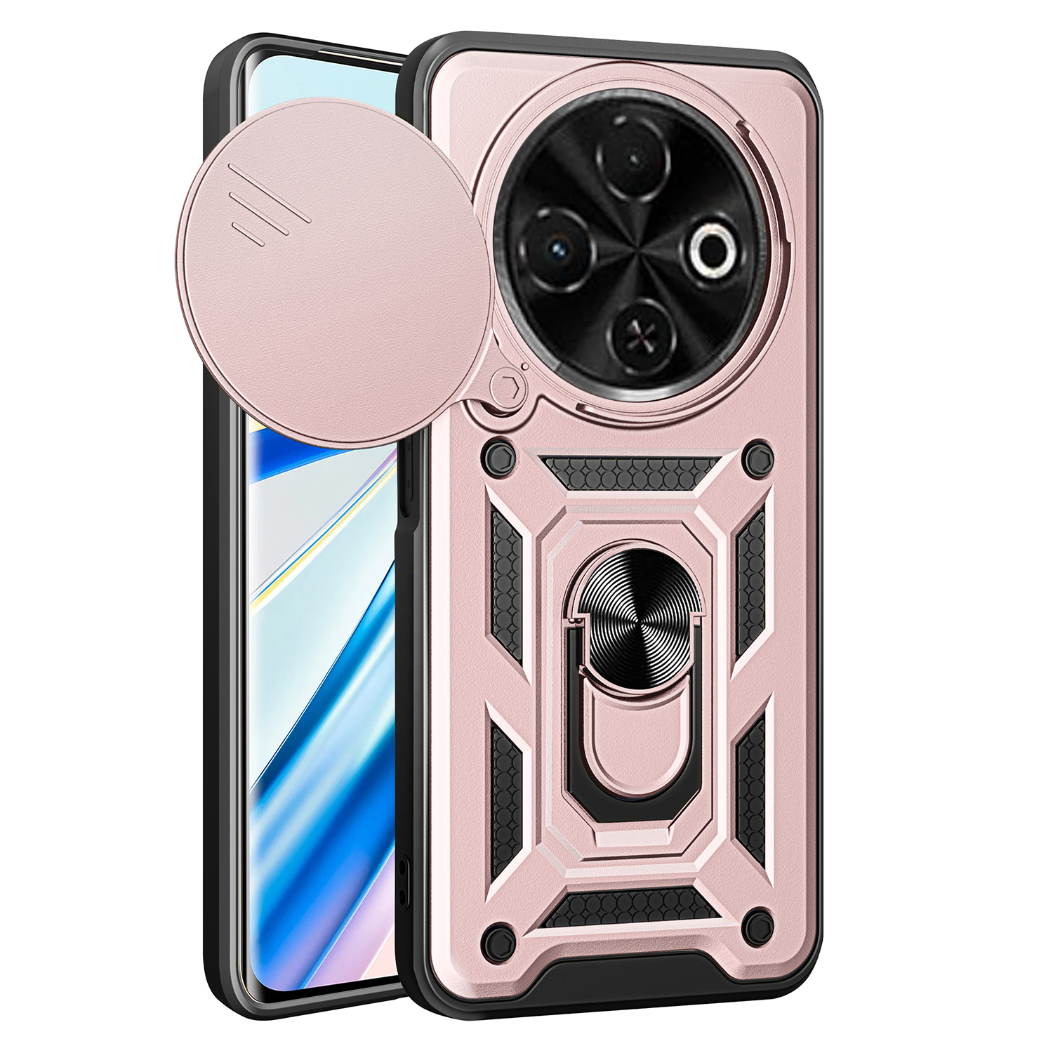 For TECNO Spark 30C 4G Case with Slide Camera Lid PC+TPU Kickstand Phone Cover - Rose Gold