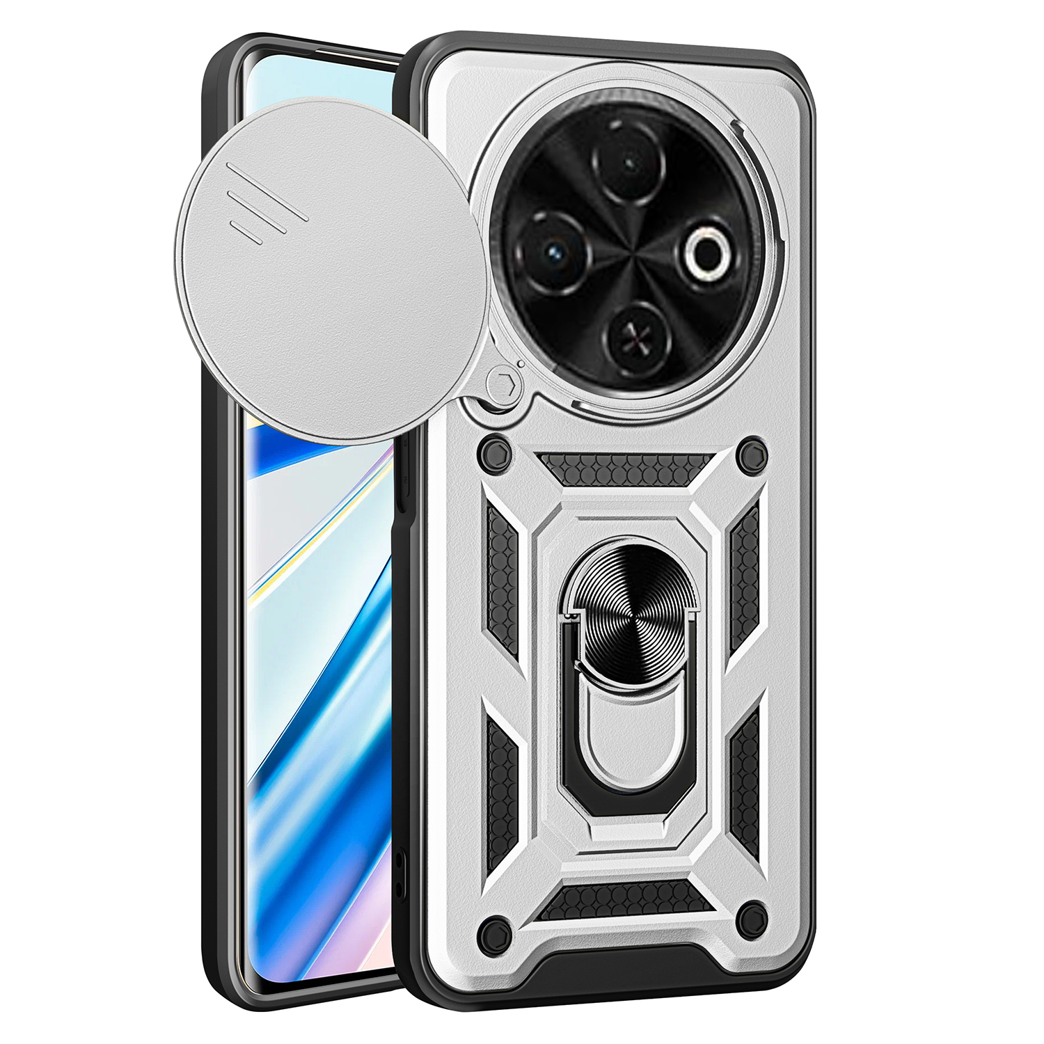 For TECNO Spark 30C 4G Case with Slide Camera Lid PC+TPU Kickstand Phone Cover - Silver