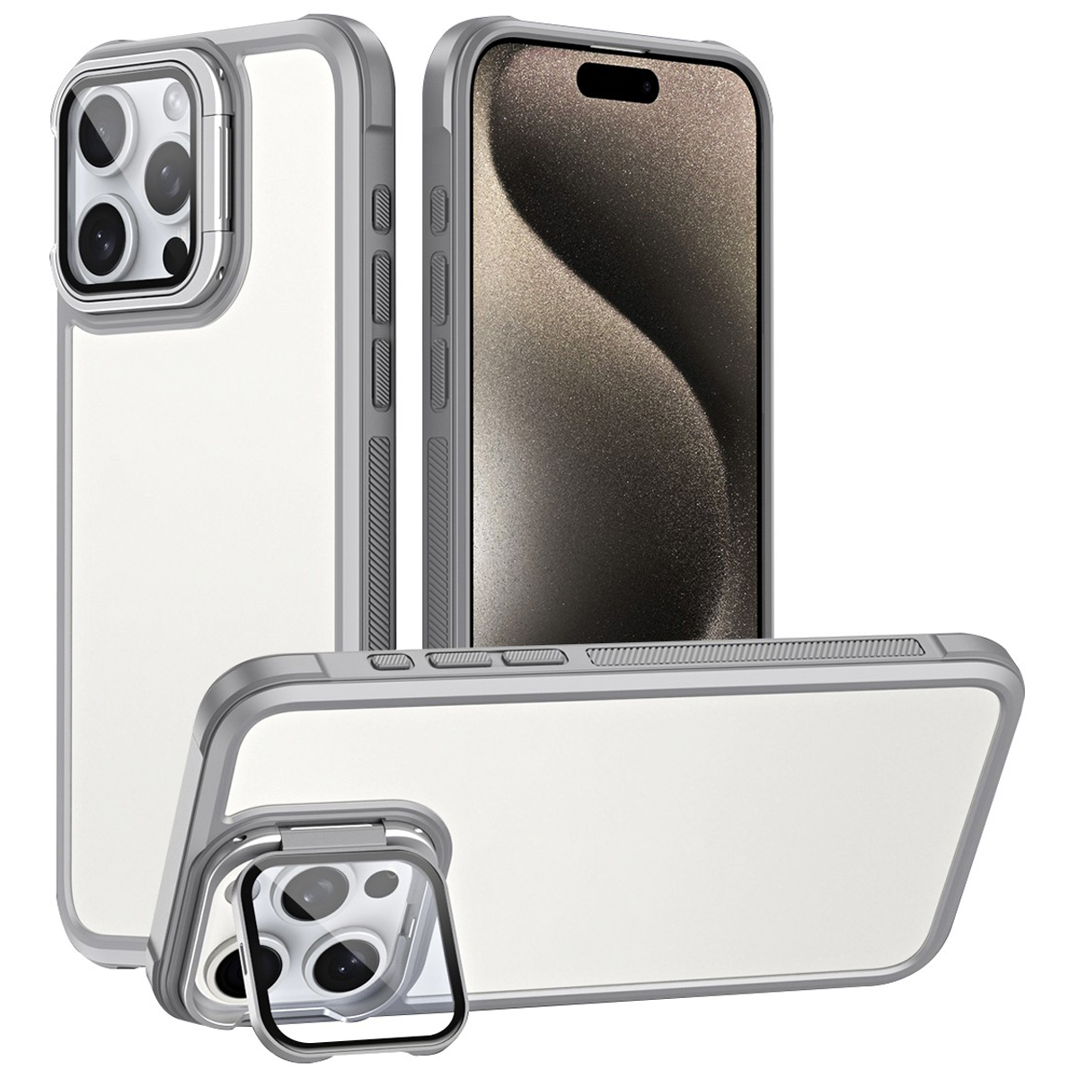 For iPhone 16 Pro Max Case with Lens Cover Kickstand Skin-Touch PC+TPU Phone Back Cover - Grey
